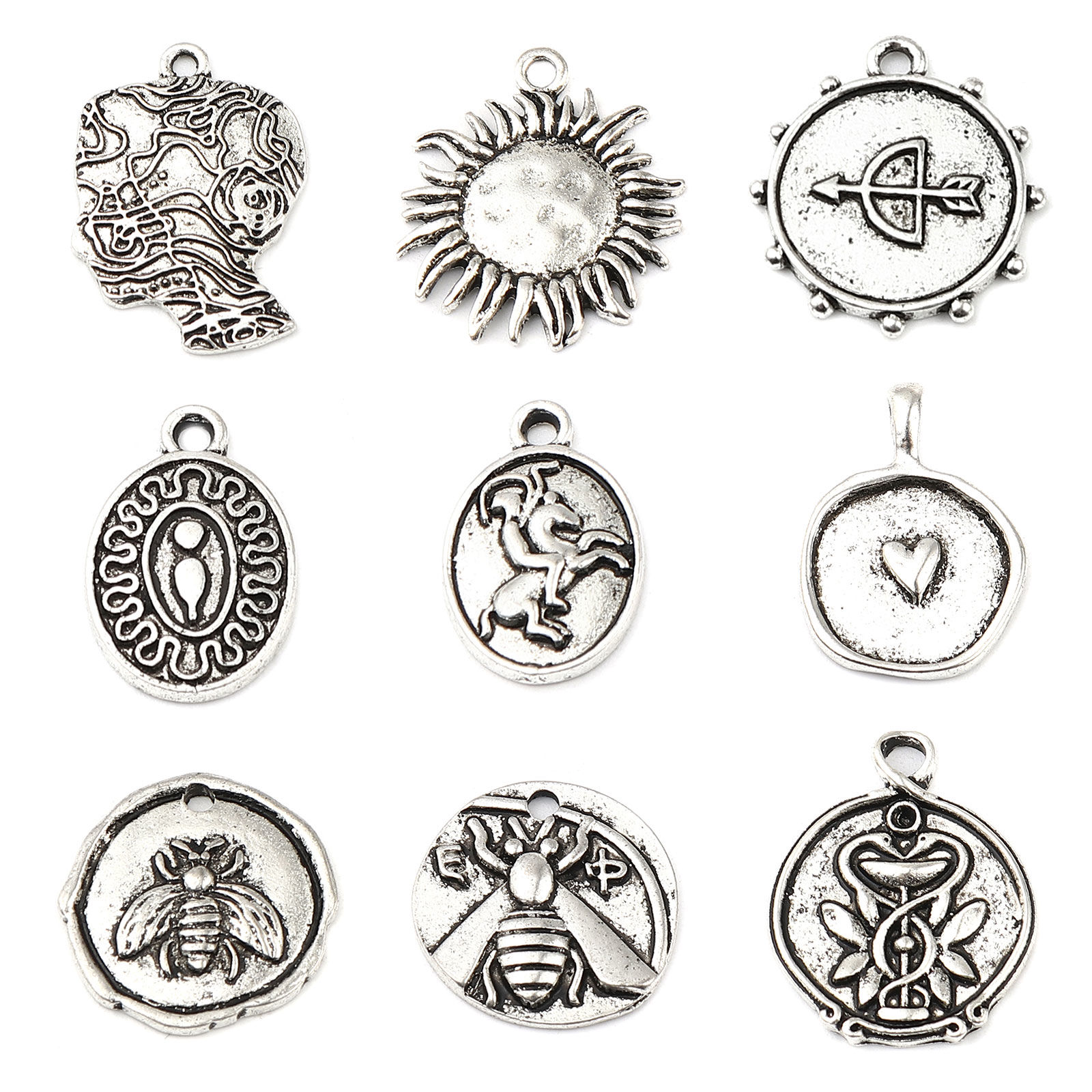 Picture of Zinc Based Alloy Insect Charms Round Antique Silver Color Bee 20mm Dia., 10 PCs