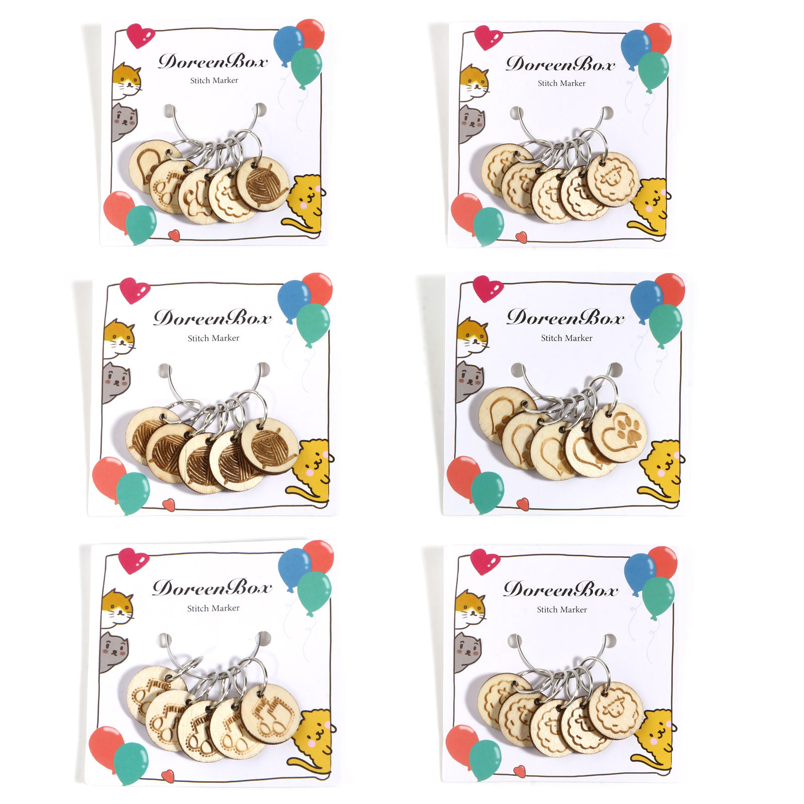 Picture of Zinc Based Alloy & Natural Wood Knitting Stitch Markers Round Silver Tone Light Khaki 30mm x 19mm, 1 Set ( 5 PCs/Set)
