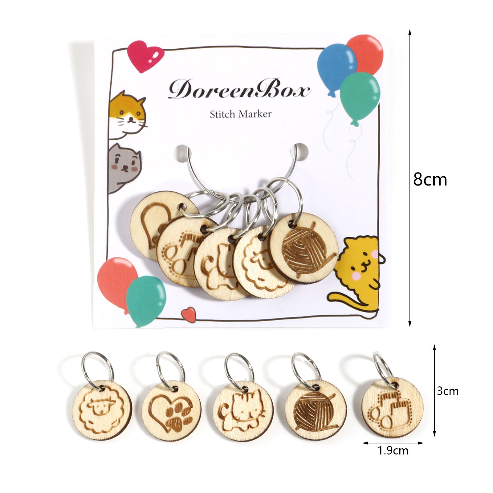 Picture of Zinc Based Alloy & Natural Wood Knitting Stitch Markers Round Silver Tone Light Khaki 30mm x 19mm, 1 Set ( 5 PCs/Set)