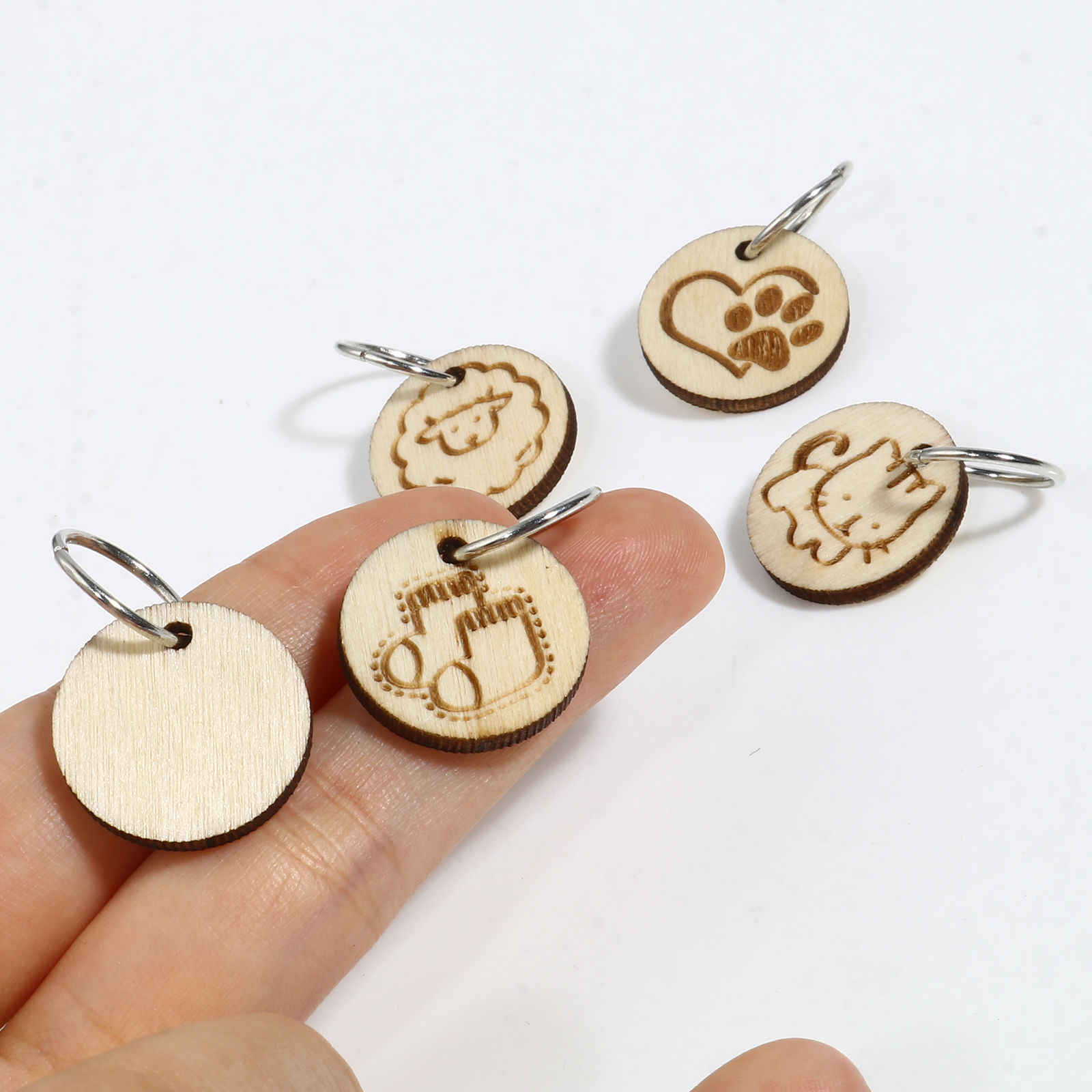 Picture of Zinc Based Alloy & Natural Wood Knitting Stitch Markers Round Silver Tone Light Khaki 30mm x 19mm, 1 Set ( 5 PCs/Set)