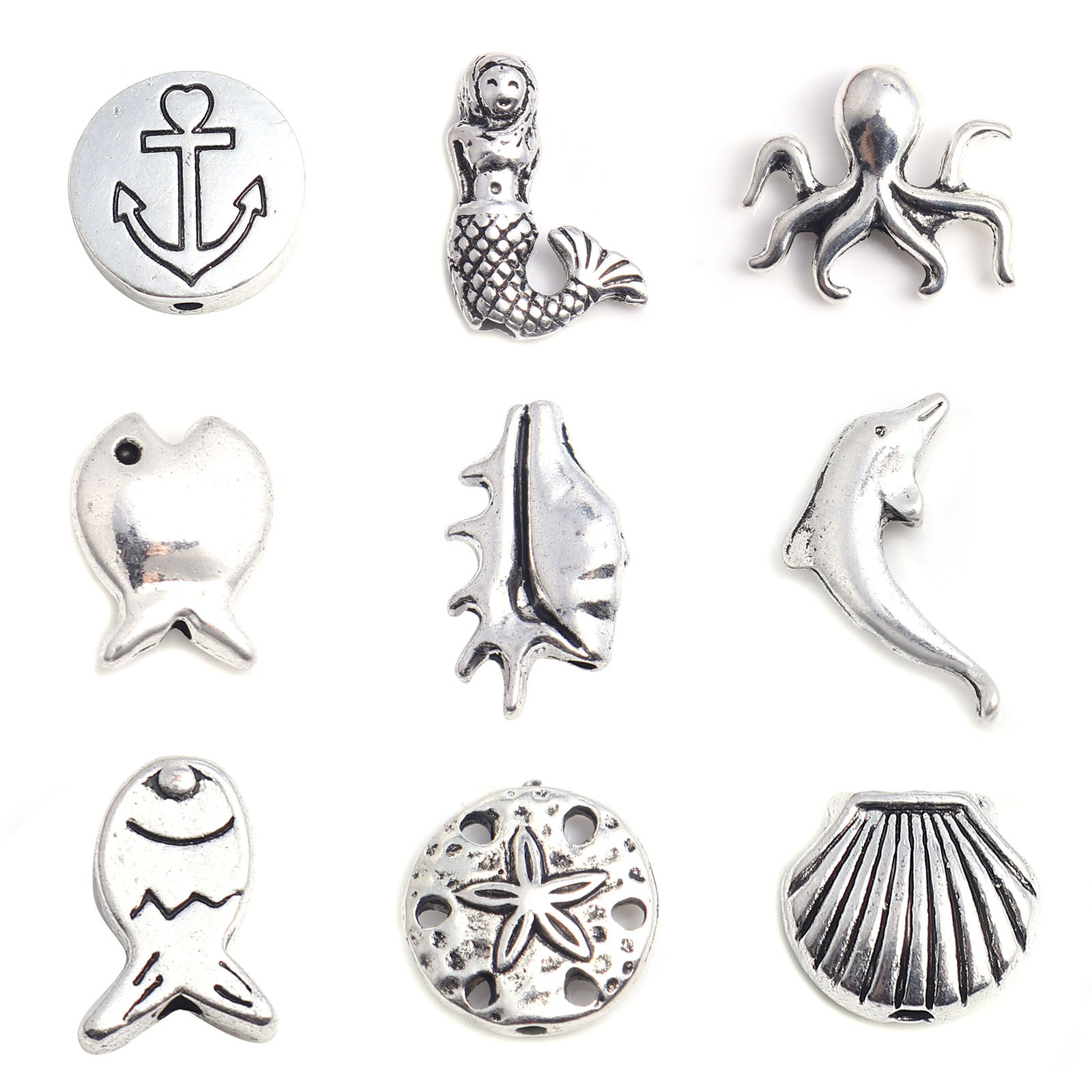 Picture of Zinc Based Alloy Ocean Jewelry Beads Round Antique Silver Color Anchor About 13mm Dia., Hole: Approx 1.6mm, 20 PCs