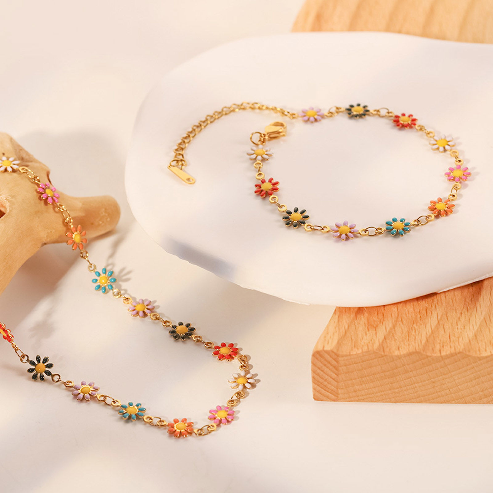 Picture of 304 Stainless Steel Ins Style Bracelets 18K Gold Plated Multicolor Daisy Flower Butterfly Enamel 17cm(6 6/8") long