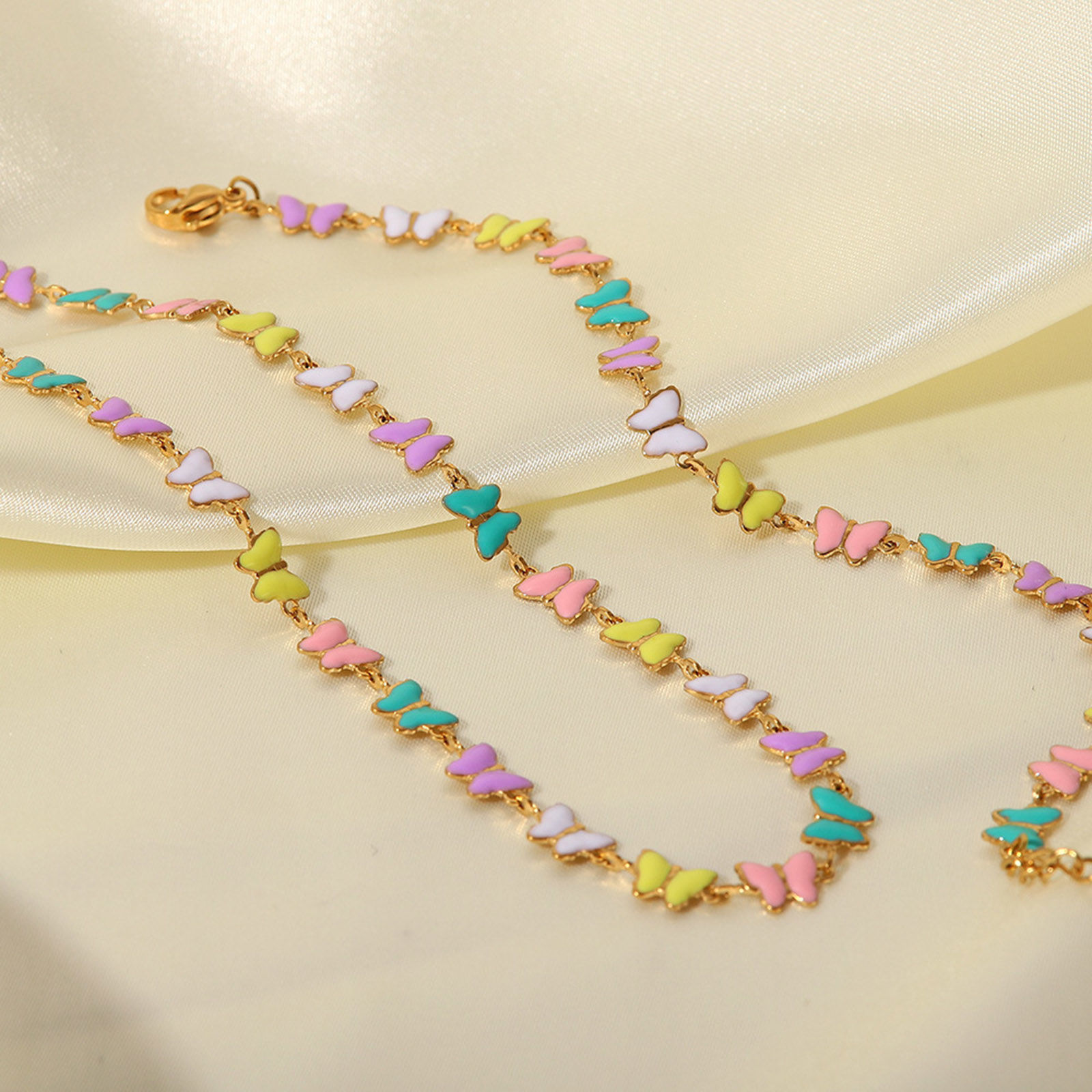 Picture of 304 Stainless Steel Ins Style Bracelets 18K Gold Plated Multicolor Daisy Flower Butterfly Enamel 17cm(6 6/8") long