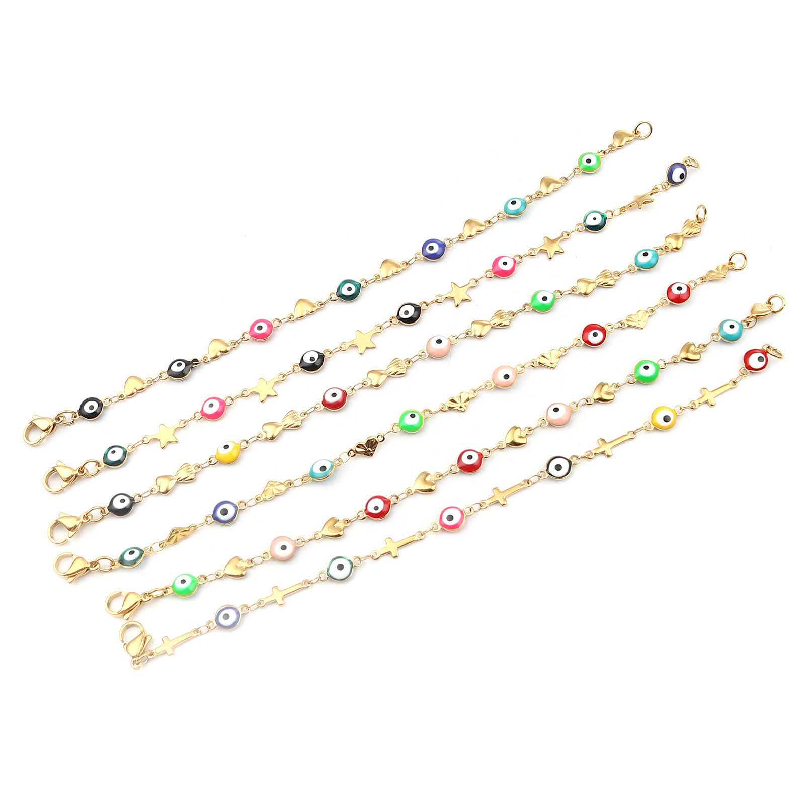 Изображение 304 Stainless Steel Religious Bracelets Gold Plated Multicolor Evil Eye Cross 18.5cm(7 2/8") long, 1 Piece