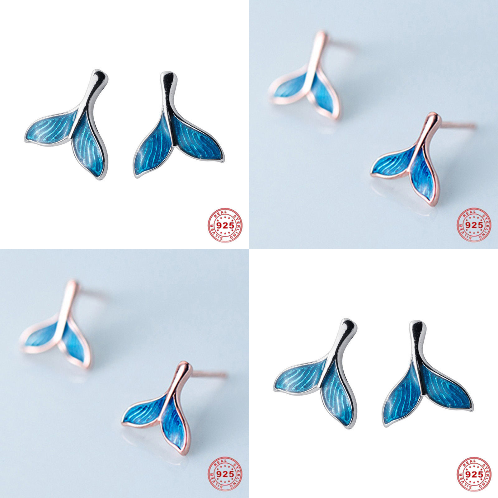 Picture of Sterling Silver Ear Post Stud Earrings Silver Blue Whale Tail Enamel 9mm( 3/8") x 8mm( 3/8"), 1 Pair