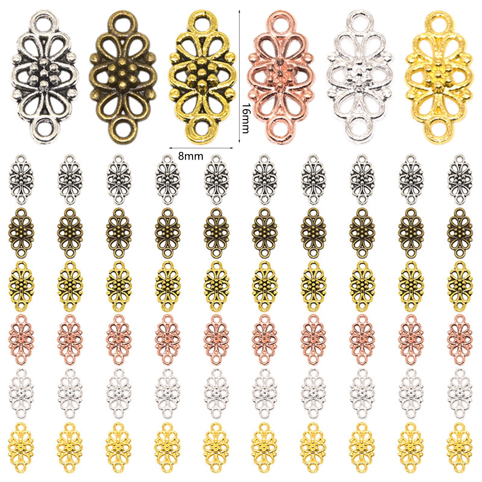 Image de Connecteurs Pendentifs Breloques en Alliage de Zinc Multicolore Losange Fleurs Creuses 16mm x 8mm, 100 Pcs