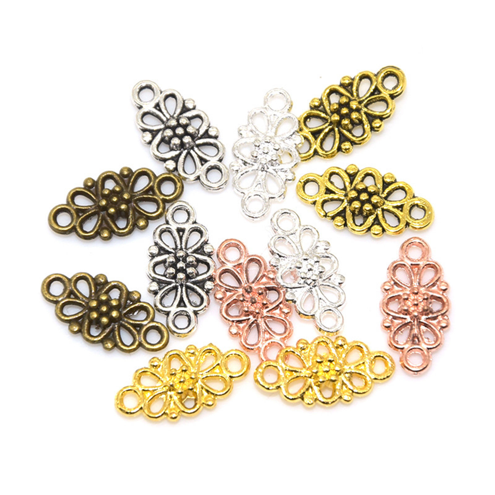 Image de Connecteurs Pendentifs Breloques en Alliage de Zinc Multicolore Losange Fleurs Creuses 16mm x 8mm, 100 Pcs