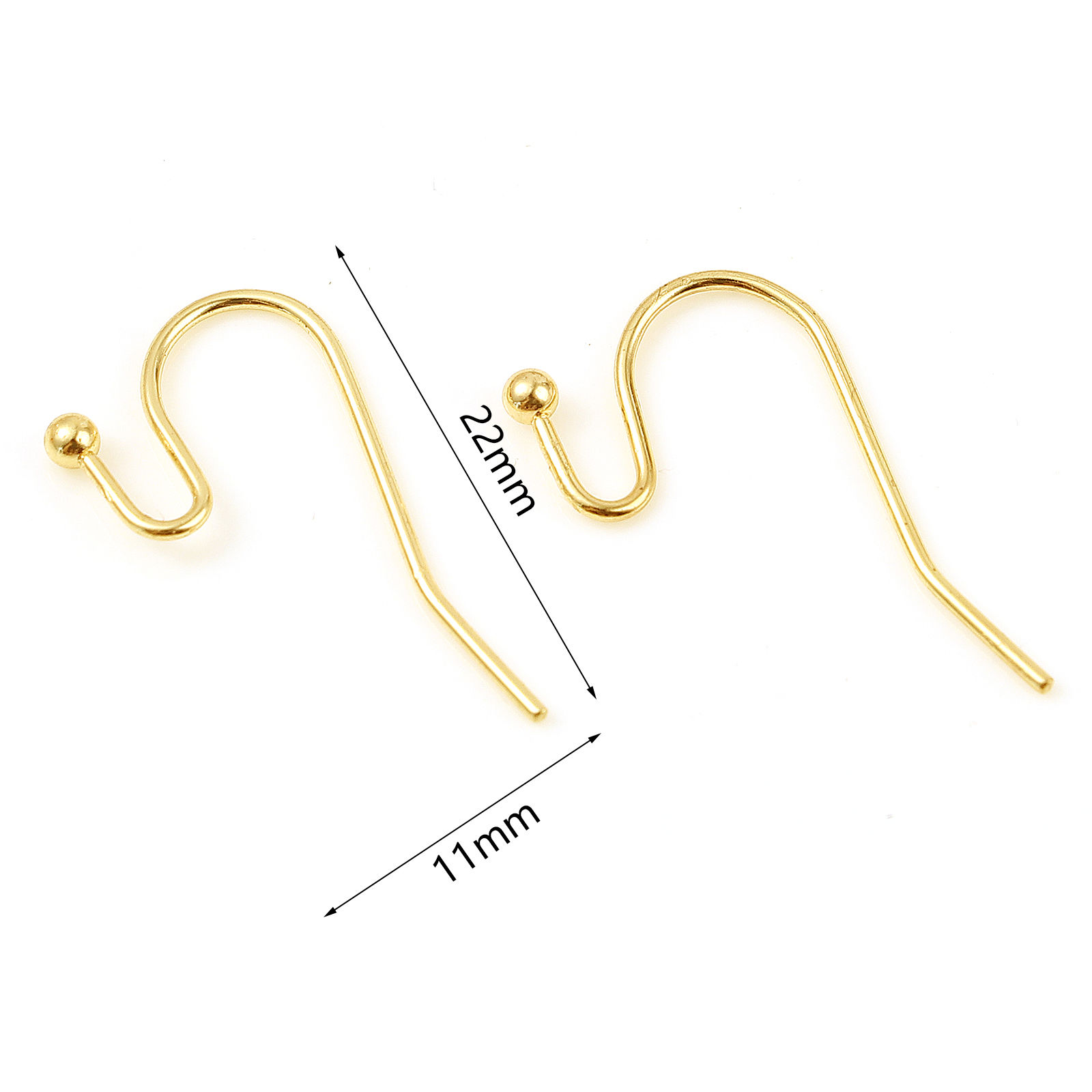 Picture of Brass Ear Wire Hooks Earring 18K Real Gold Plated 22mm x 11mm, Post/ Wire Size: (20 gauge), 20 PCs