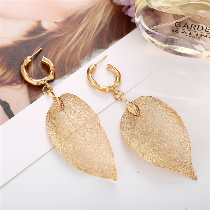 Picture of Hoop Earrings Gold Plated Leaf 90mm x 33mm, 1 Pair
