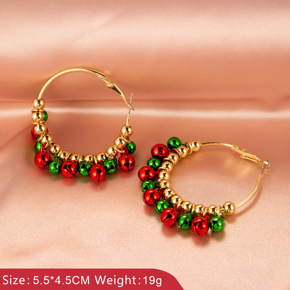 Изображение Hoop Earrings Gold Plated Red & Green Christmas Jingle Bell 1 Pair