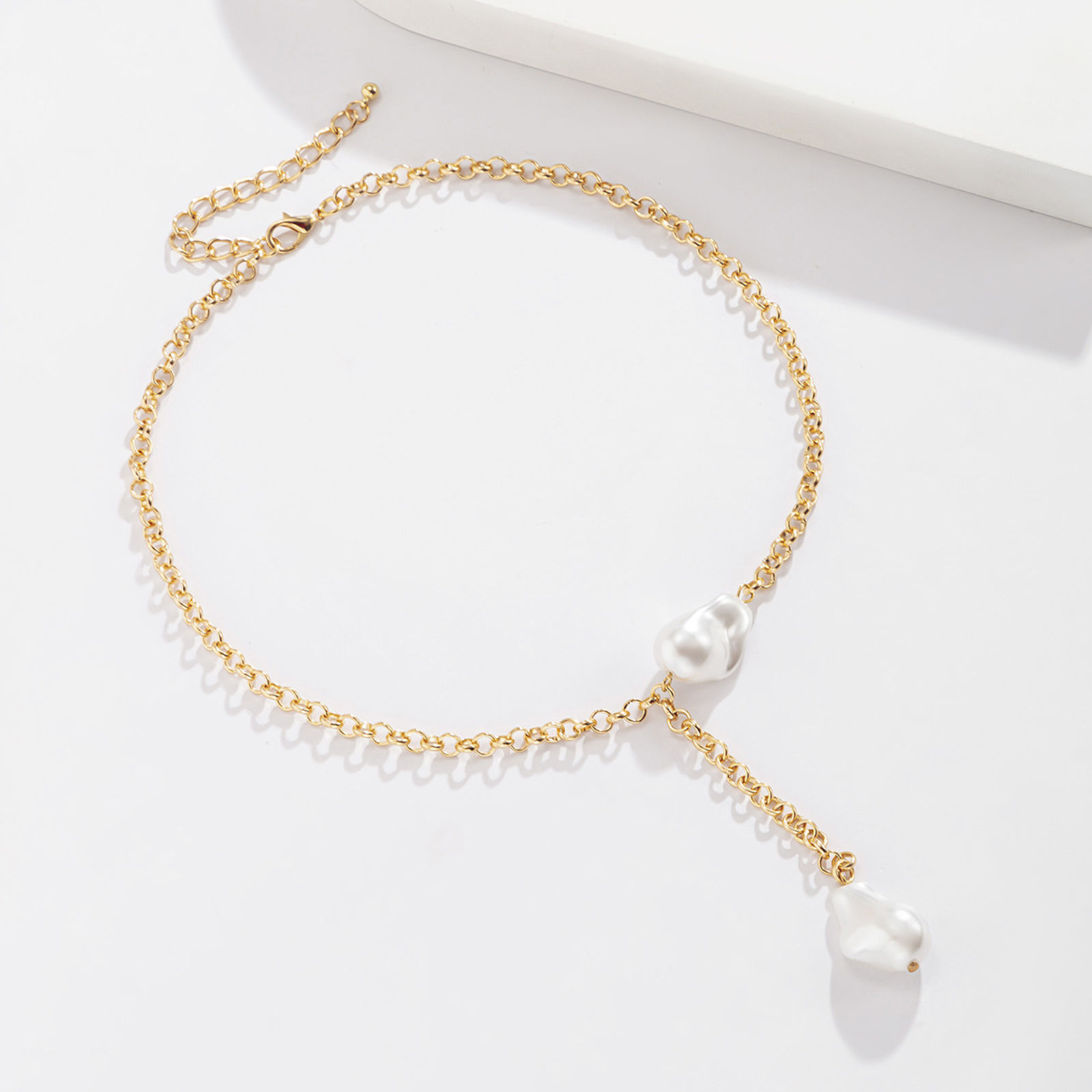 Picture of Baroque Y Shaped Lariat Necklace Gold Plated White Imitation Pearl 40cm(15 6/8") long, 1 Piece