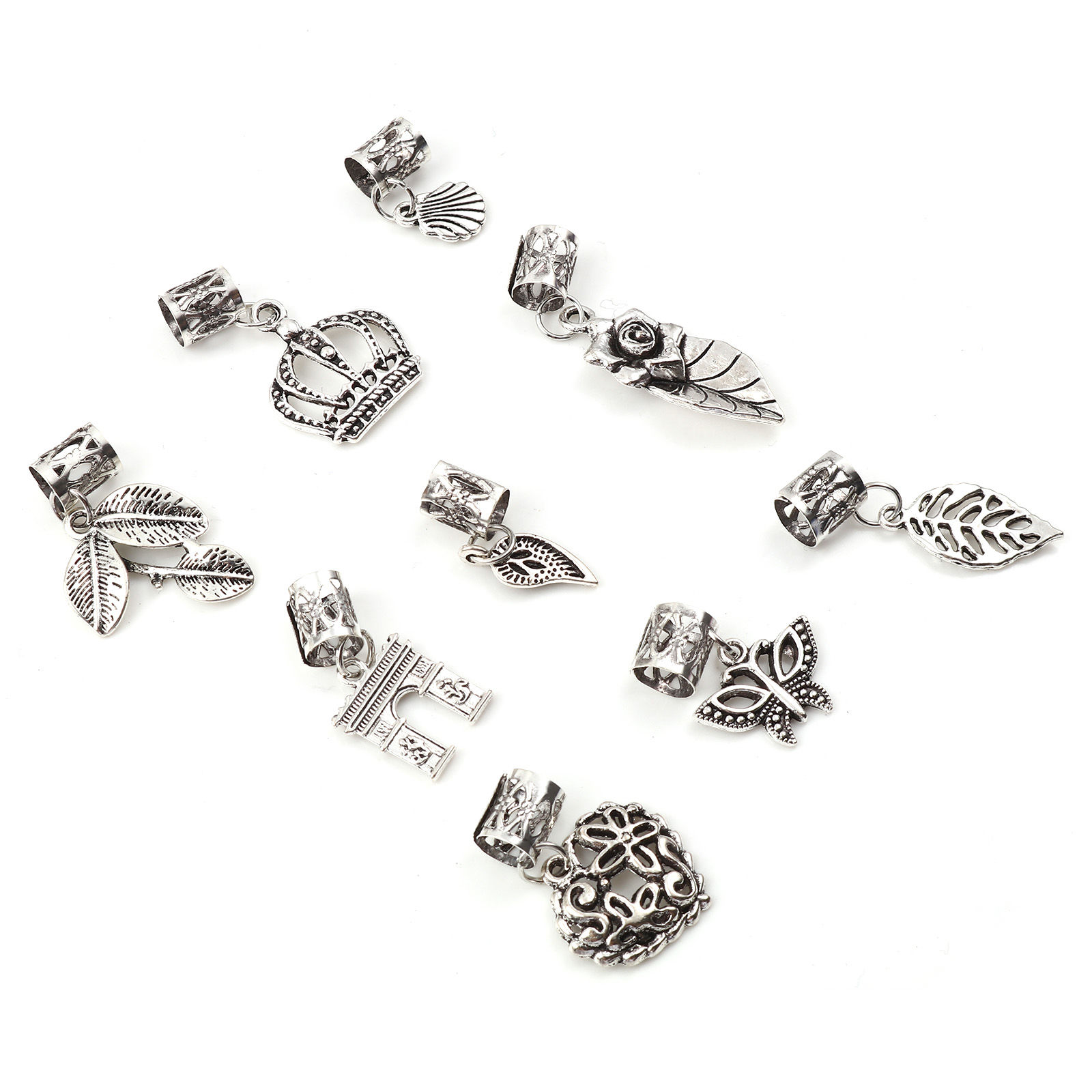 Imagen de Zamak Cuentas Dreadlock para Trenzar el Cabello Hoja Corona Plata Antigua 4.4cm x 1.3cm - 2.3x0.9cm, 1 Juego ( 10 Unidades/Juego)