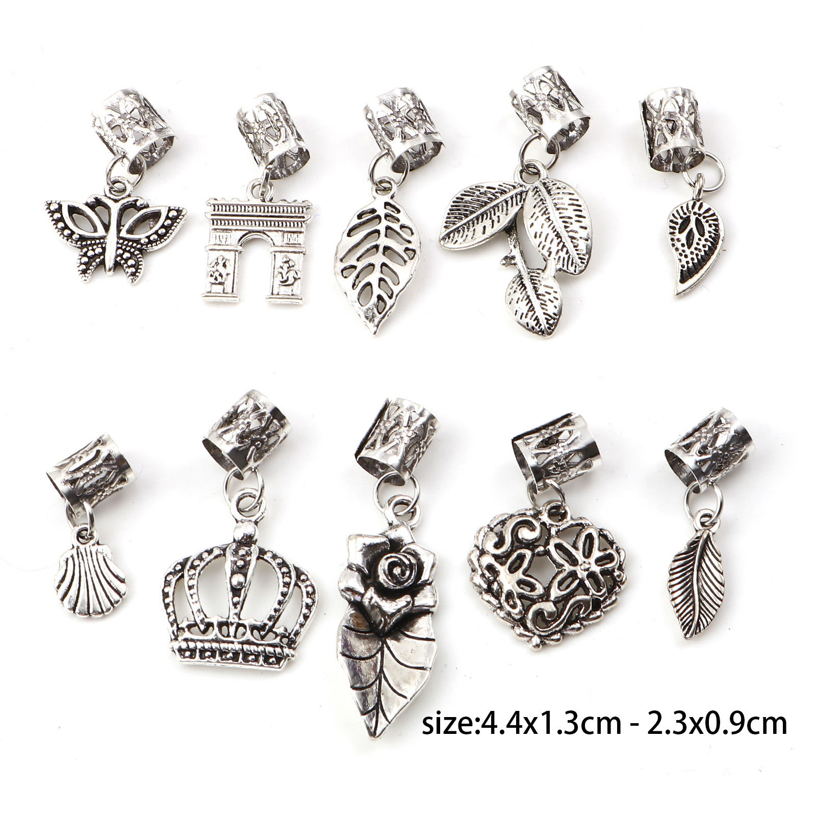 Imagen de Zamak Cuentas Dreadlock para Trenzar el Cabello Hoja Corona Plata Antigua 4.4cm x 1.3cm - 2.3x0.9cm, 1 Juego ( 10 Unidades/Juego)