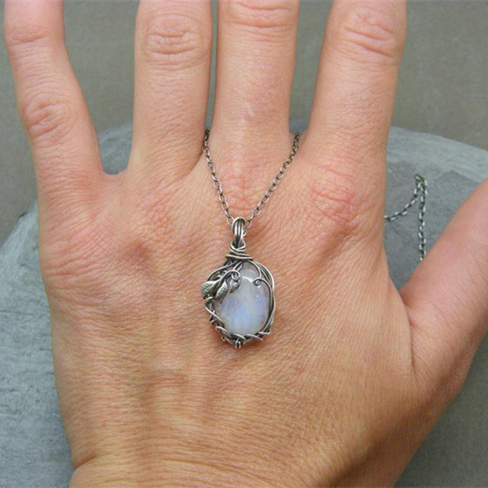 Picture of Boho Chic Bohemia Necklace Antique Silver Color Drop Leaf Imitation Opal 46cm(18 1/8") long, 1 Piece
