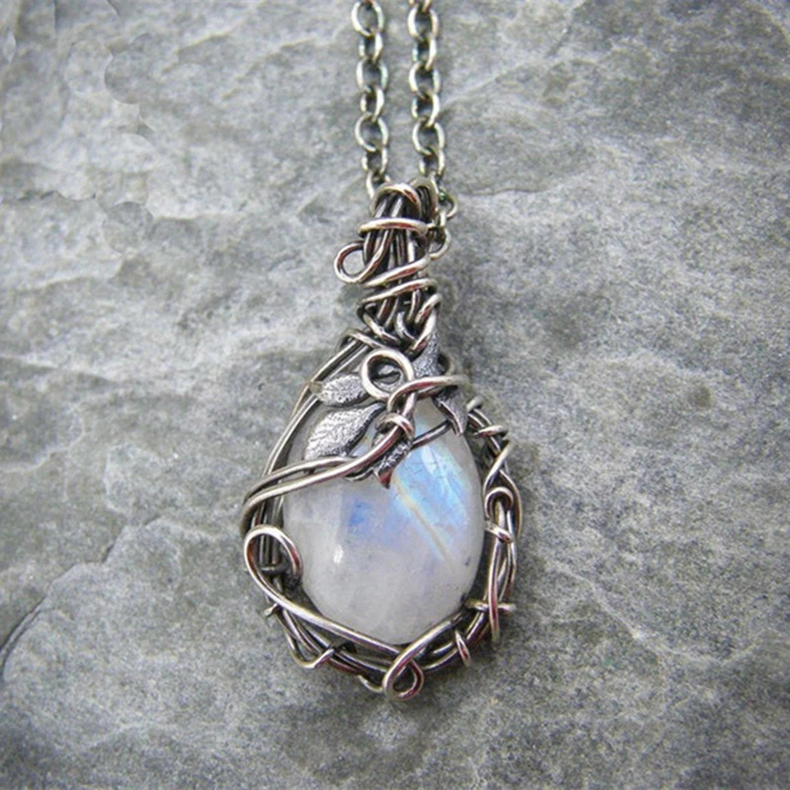 Picture of Boho Chic Bohemia Necklace Antique Silver Color Drop Leaf Imitation Opal 46cm(18 1/8") long, 1 Piece