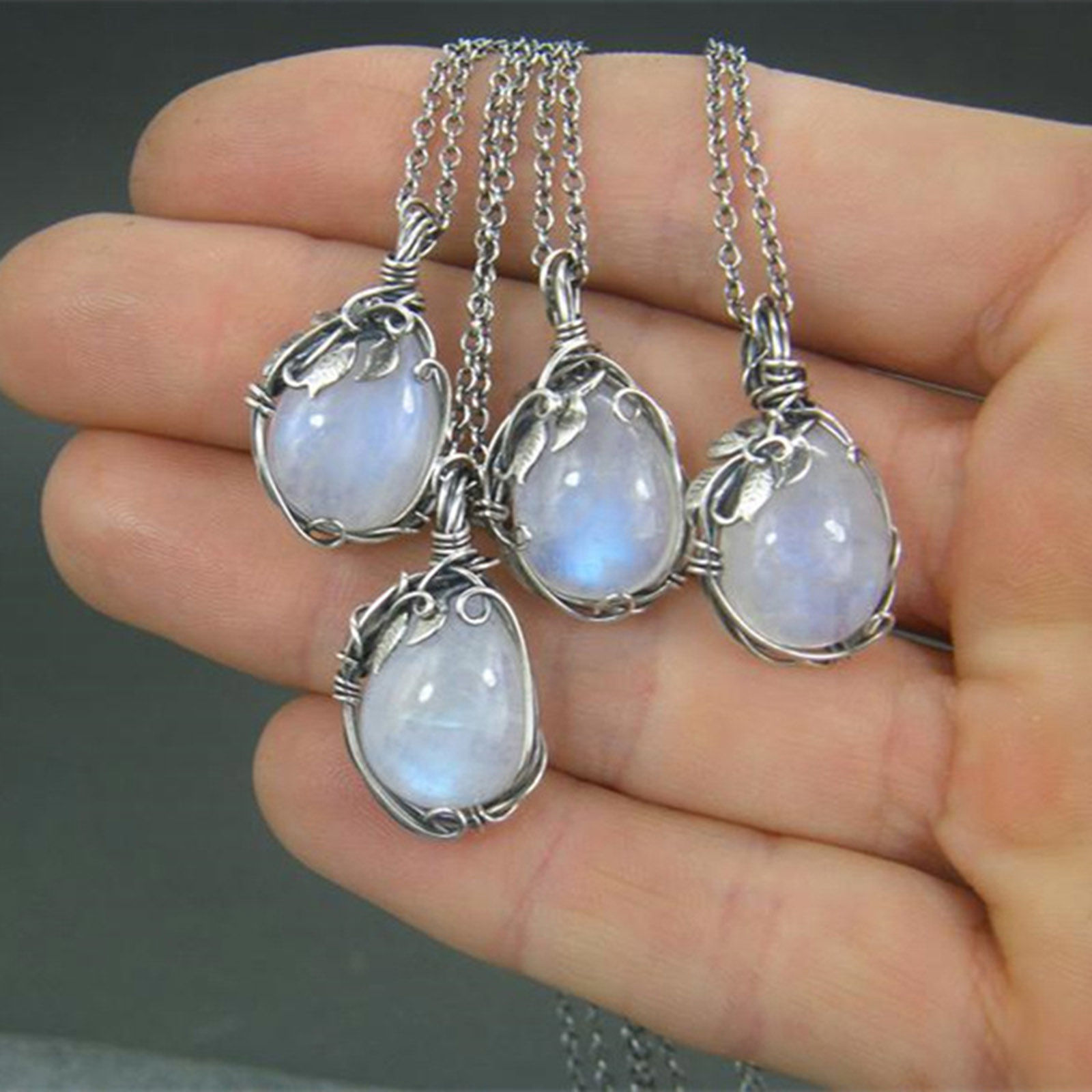 Picture of Boho Chic Bohemia Necklace Antique Silver Color Drop Leaf Imitation Opal 46cm(18 1/8") long, 1 Piece