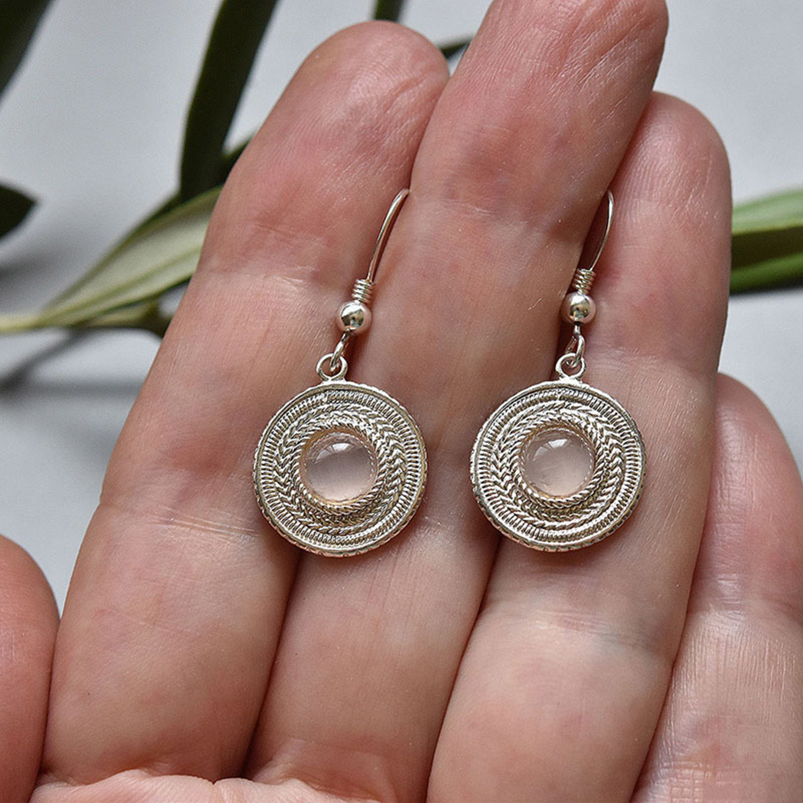 Imagen de 1 Par Elegante Pendientes Plata Antigua Rosado Disco Ojo de Gato Imitación 3cm