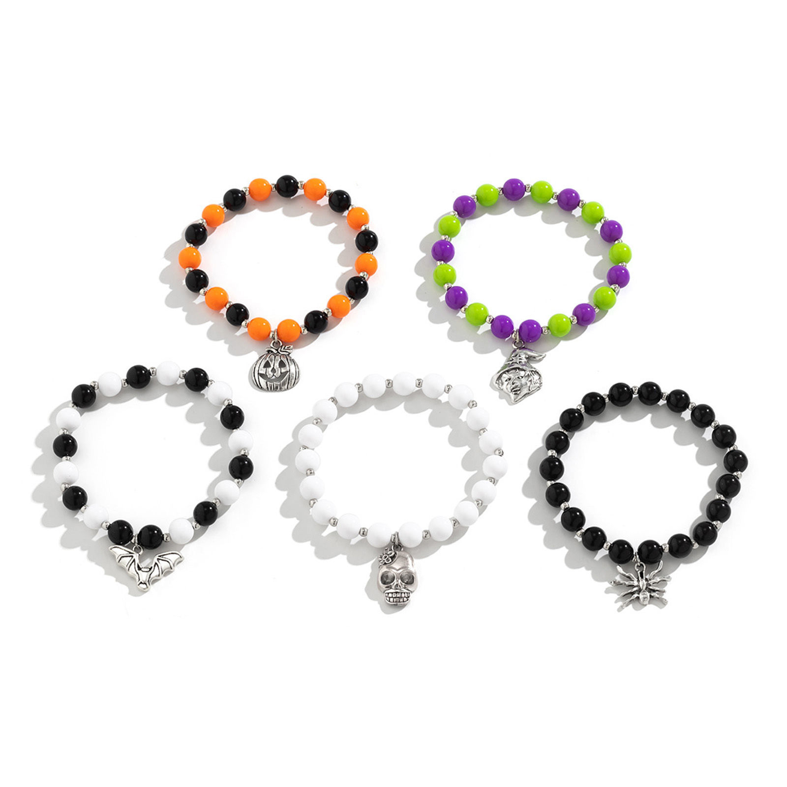 Imagen de 1 Juego ( 5 Unidades/Juego) Acrílico Elegante Conjunto de Pulsera Plata Antigua Multicolor Halloween Bruja Cráneo 18cm longitud