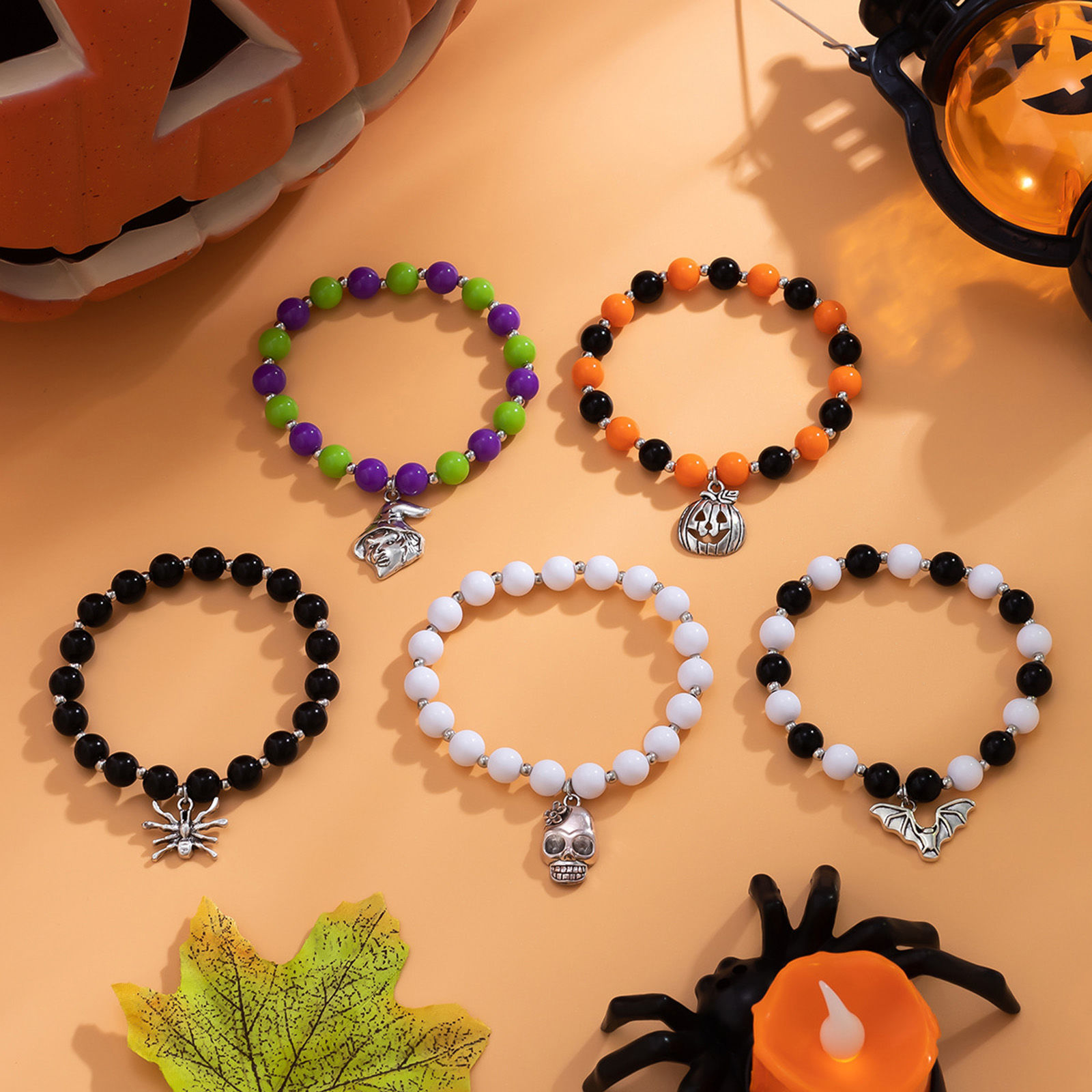 Imagen de 1 Juego ( 5 Unidades/Juego) Acrílico Elegante Conjunto de Pulsera Plata Antigua Multicolor Halloween Bruja Cráneo 18cm longitud