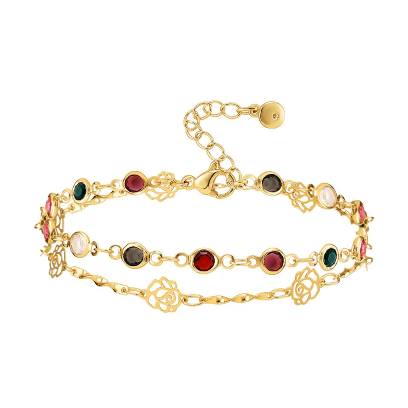 Picture of Eco-friendly Exquisite Stylish 18K Real Gold Plated Brass & Cubic Zirconia Flower Round Hollow Multilayer Layered Bracelet For Women 17cm(6 6/8") long, 1 Piece