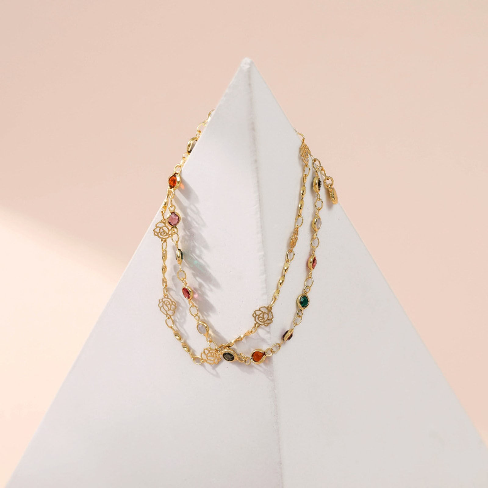 Picture of Eco-friendly Exquisite Stylish 18K Real Gold Plated Brass & Cubic Zirconia Flower Round Hollow Multilayer Layered Bracelet For Women 17cm(6 6/8") long, 1 Piece