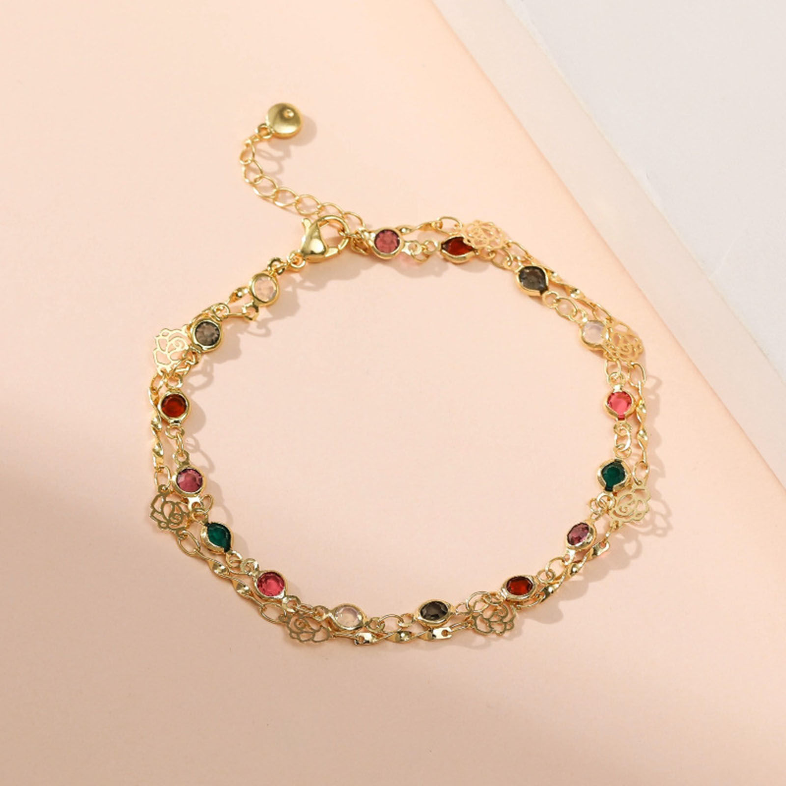 Picture of Eco-friendly Exquisite Stylish 18K Real Gold Plated Brass & Cubic Zirconia Flower Round Hollow Multilayer Layered Bracelet For Women 17cm(6 6/8") long, 1 Piece