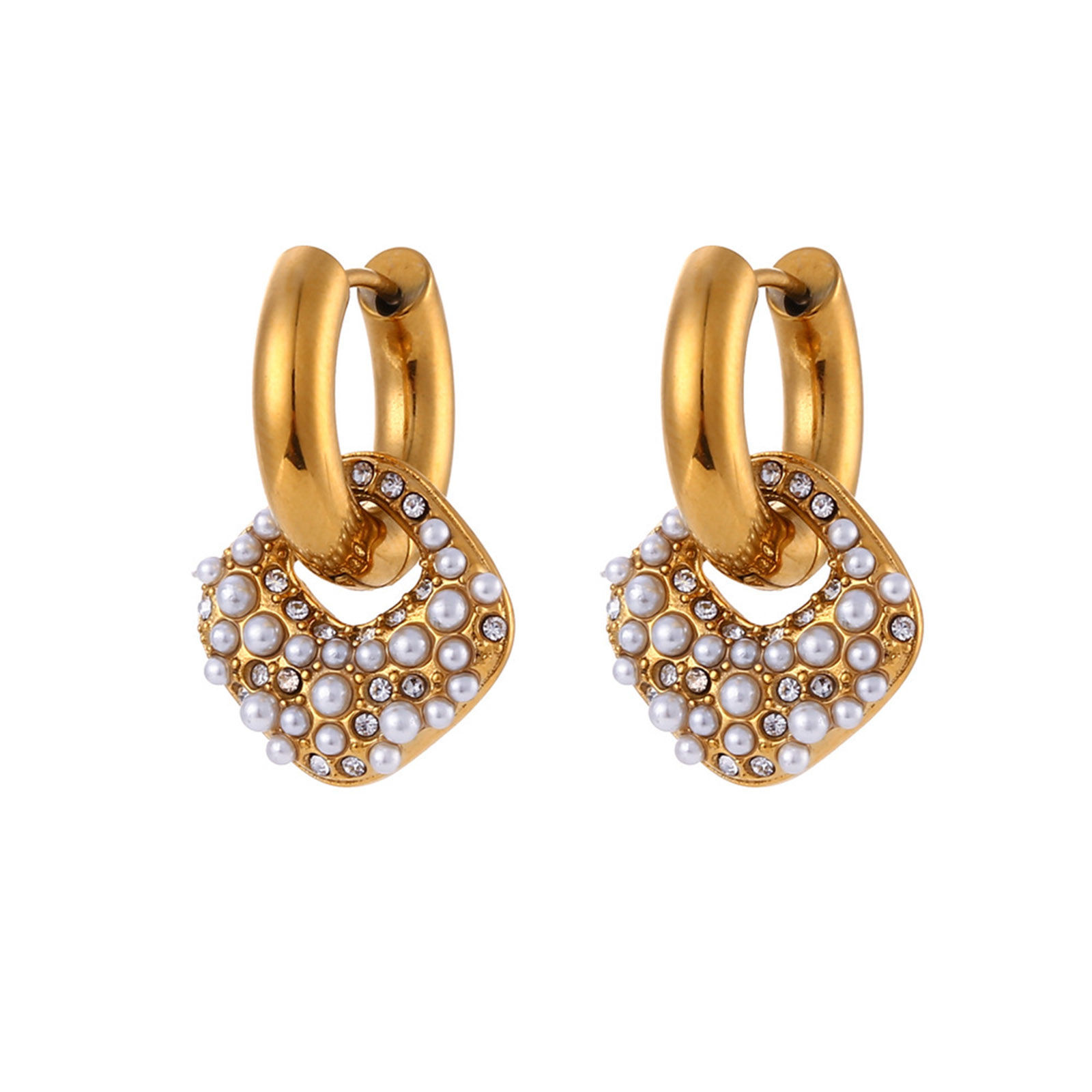 Picture of 1 Pair Vacuum Plating Dainty Stylish 18K Real Gold Plated 304 Stainless Steel Square Imitation Pearl Earrings For Women 2.8cm x 1.6cm