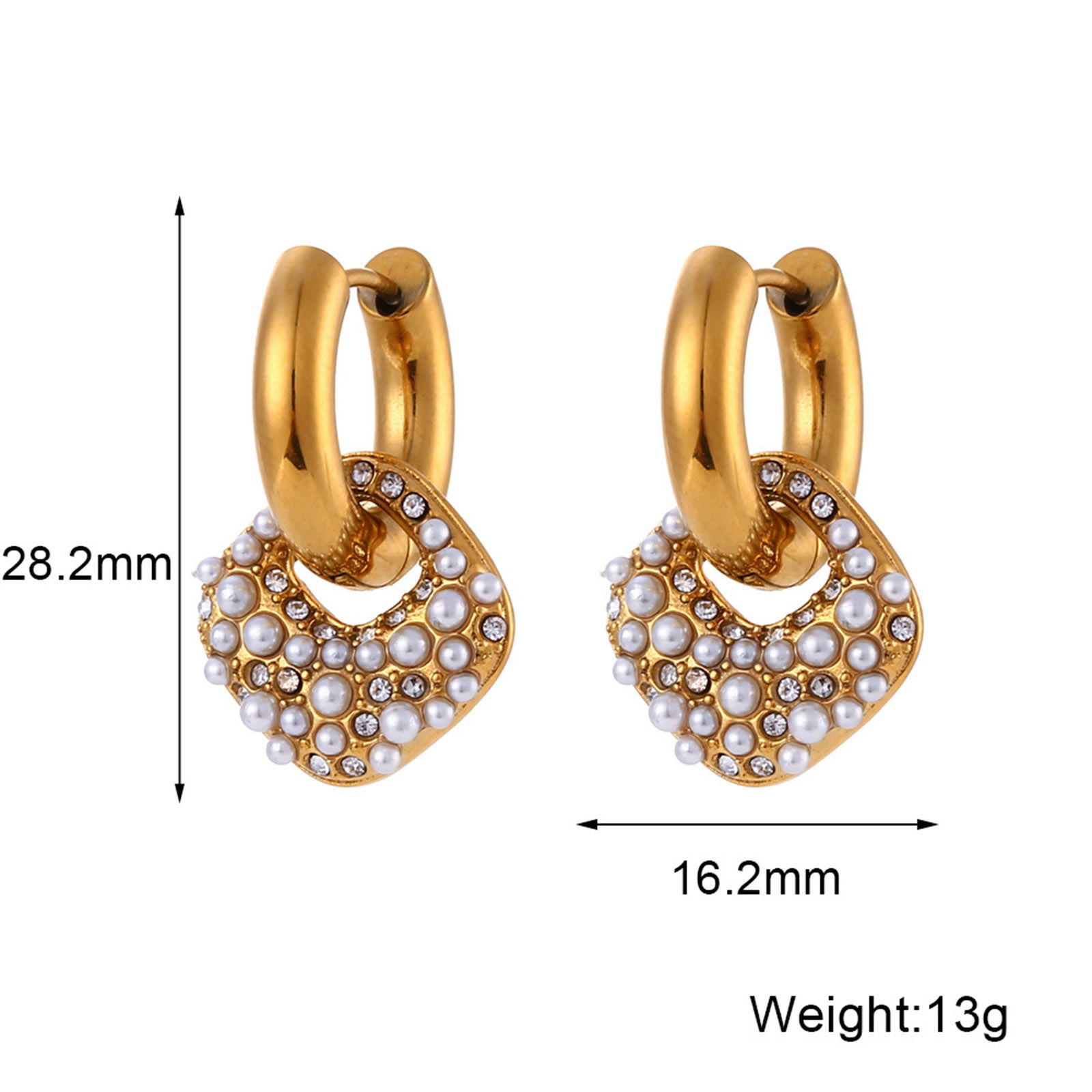 Picture of 1 Pair Vacuum Plating Dainty Stylish 18K Real Gold Plated 304 Stainless Steel Square Imitation Pearl Earrings For Women 2.8cm x 1.6cm