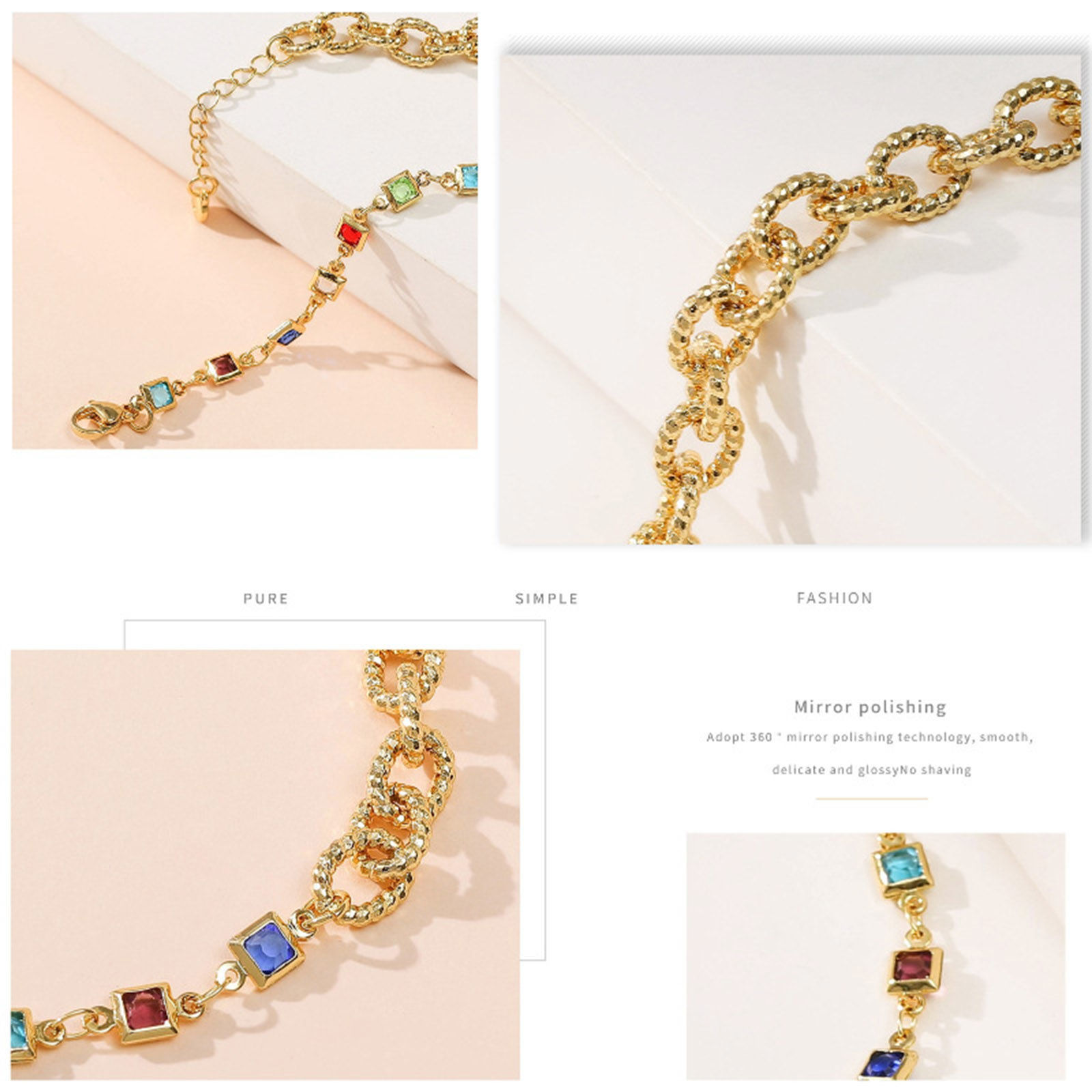 Picture of Eco-friendly Exquisite Stylish 18K Real Gold Plated Brass & Cubic Zirconia Curb Link Chain Rectangle Splicing Bracelets For Women 17cm(6 6/8") long, 1 Piece