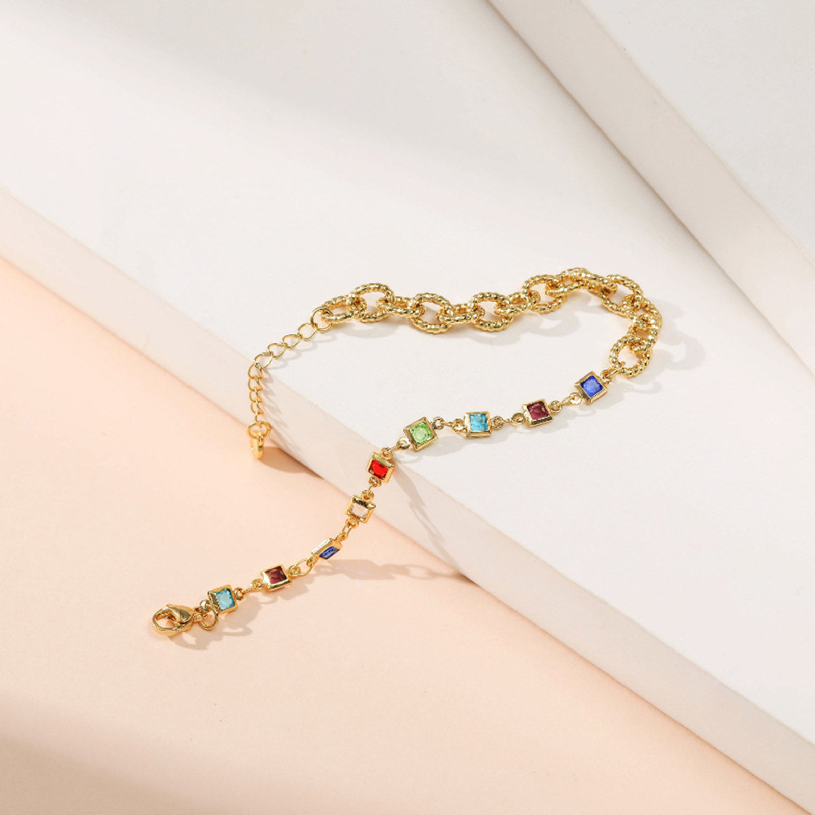 Picture of Eco-friendly Exquisite Stylish 18K Real Gold Plated Brass & Cubic Zirconia Curb Link Chain Rectangle Splicing Bracelets For Women 17cm(6 6/8") long, 1 Piece