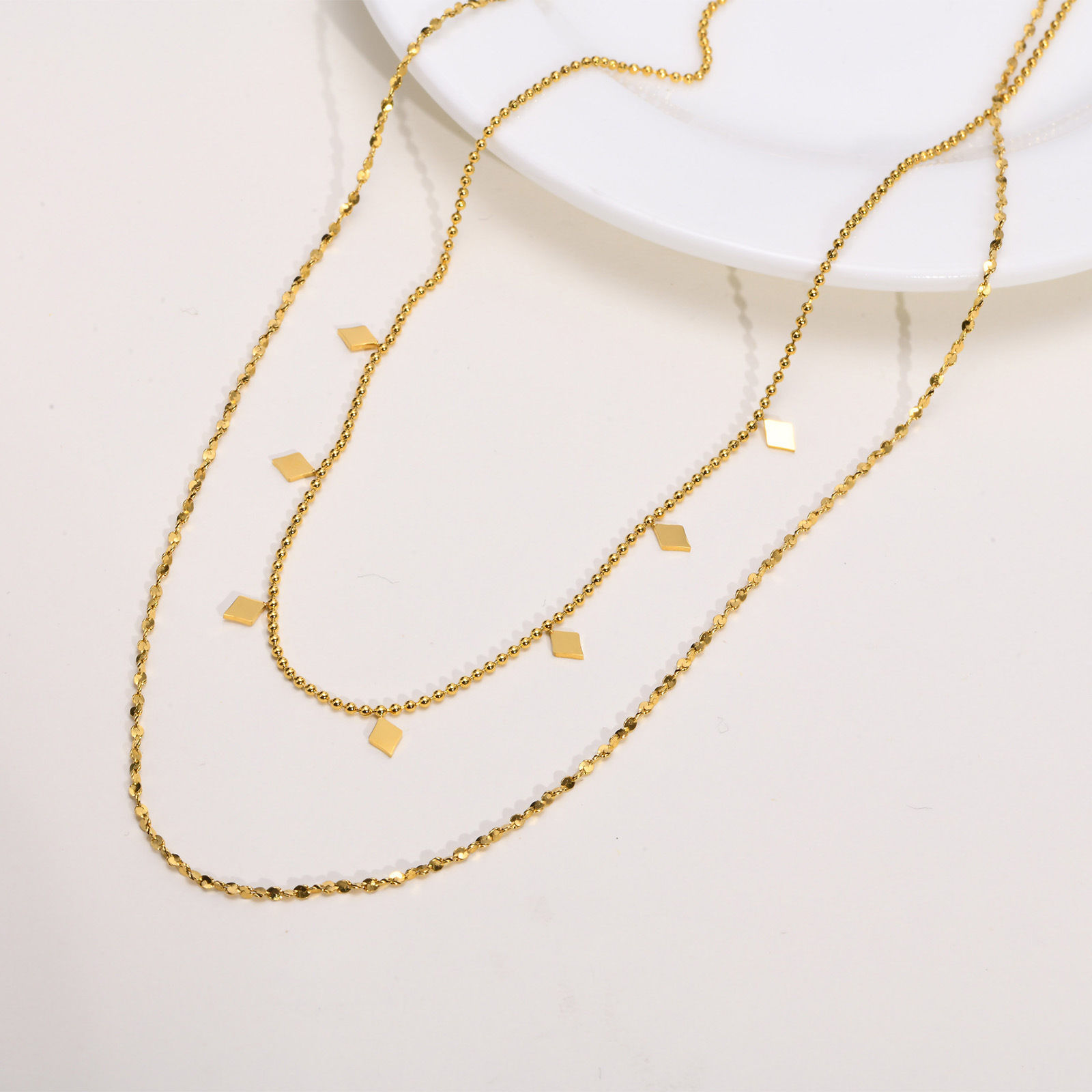 Picture of 1 Piece Vacuum Plating Simple & Casual Simple 18K Real Gold Plated 304 Stainless Steel Link Cable Chain Rhombus Multilayer Layered Necklace Unisex Party 40cm-46cm long