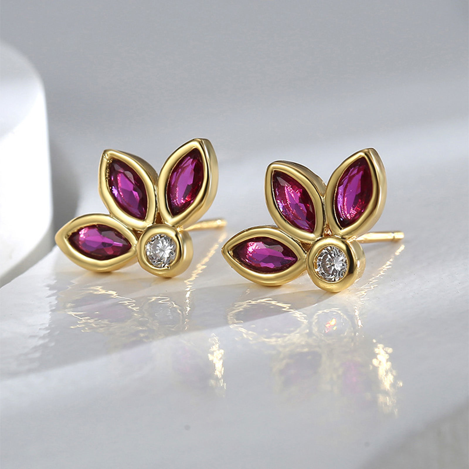 Picture of Hypoallergenic Sweet & Cute Exquisite 18K Real Gold Plated Brass & Cubic Zirconia Leaf Clover Ear Post Stud Earrings For Women Party 1.3cm x 1cm, 1 Pair