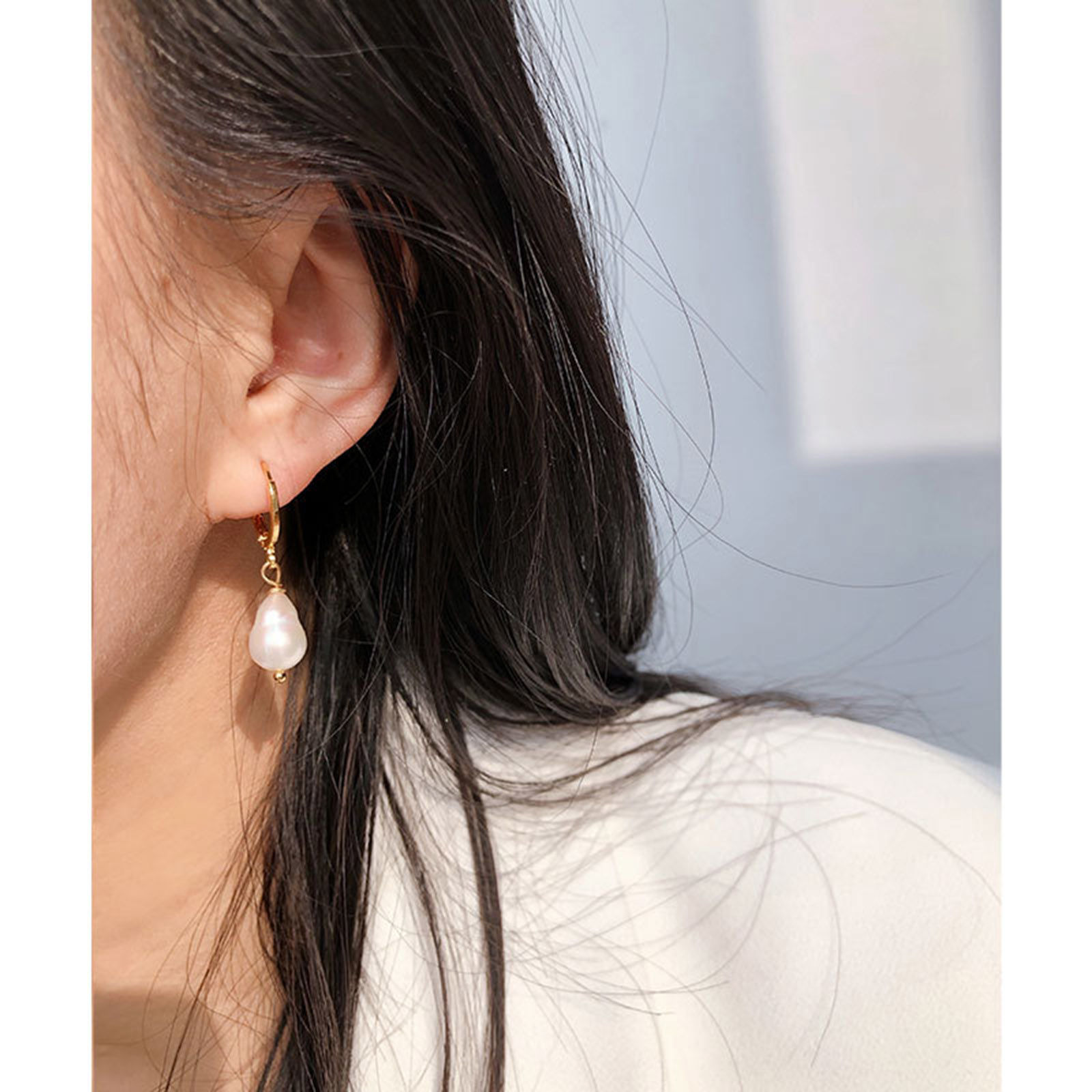 Picture of Hypoallergenic Dainty Retro 18K Gold Plated Pearl & Brass Baroque Earrings For Women Anniversary 3.5cm x 0.8cm, 1 Pair