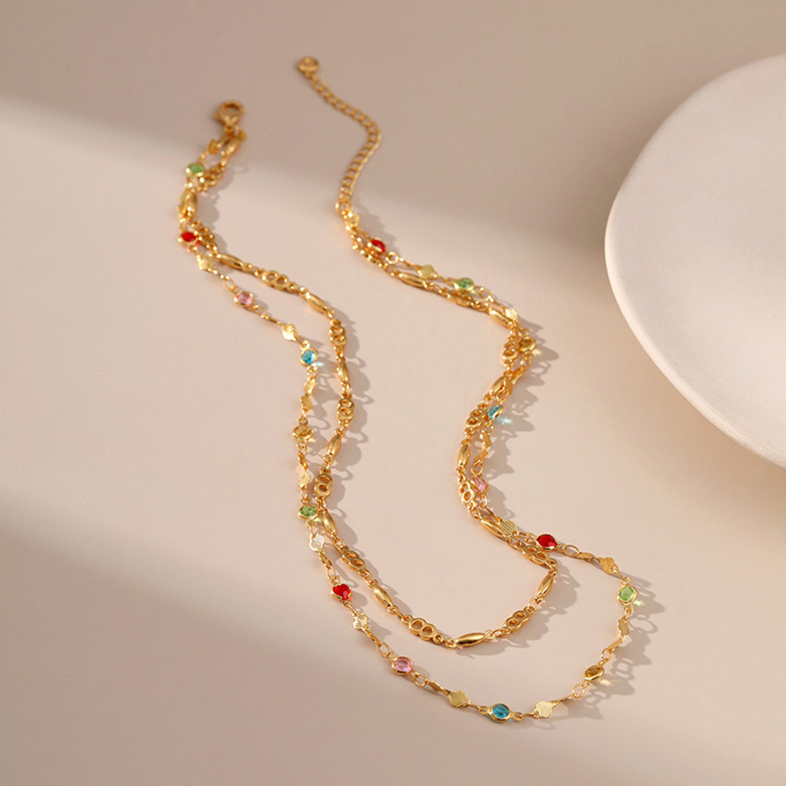 Imagen de 1 Unidad Respetuoso del Medio Ambiente Elegante Étnico 18K Oro Real Chapado Latón (sin cadmio)+ Circón Artificial Cadenas Collar Múltiples Capas Para Mujeres Fiesta 38cm longitud