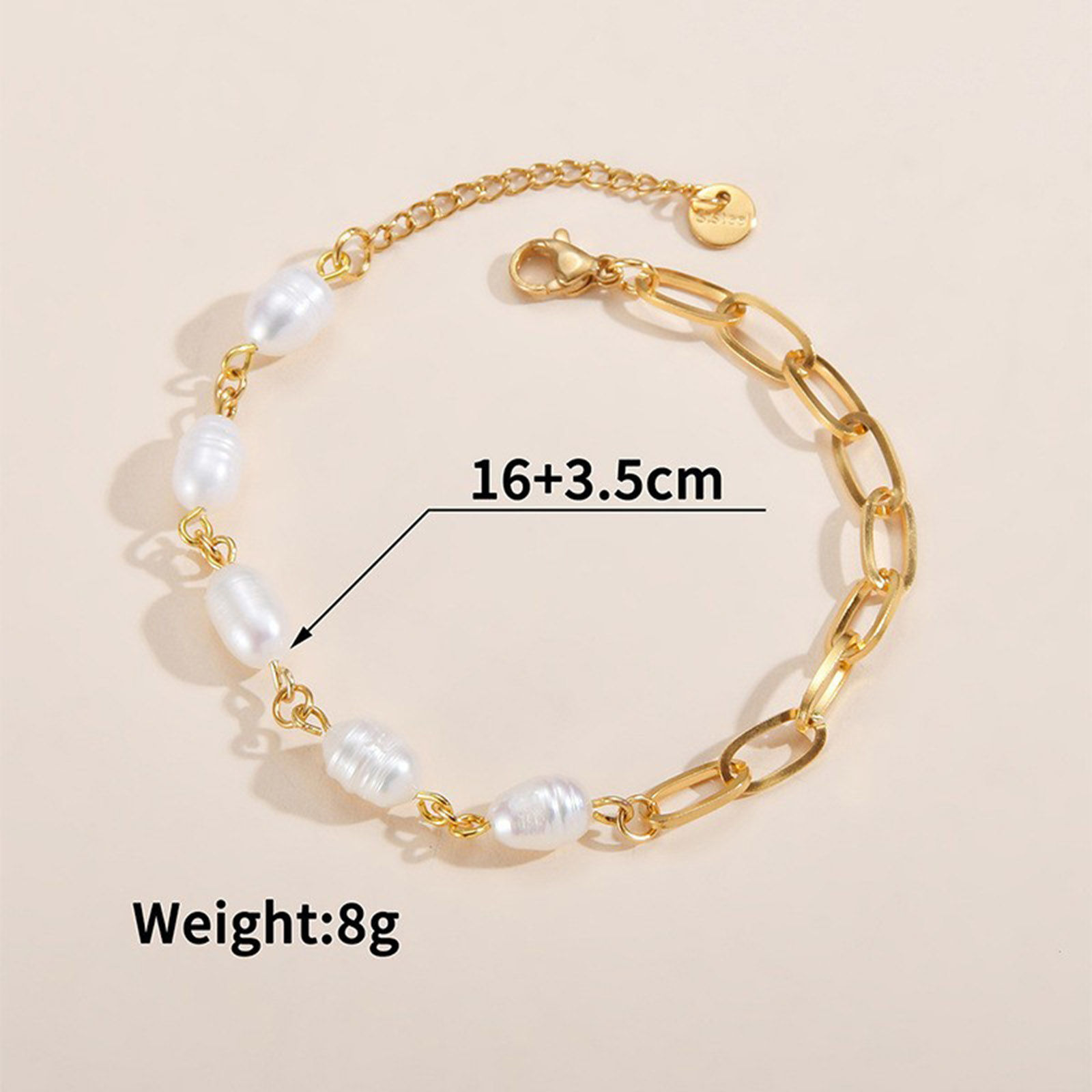 Bild von 1 Strang Vakuumbeschichtung Barock Elegant 14K Gold 304 Edelstahl Büroklammerkette Imitat Perle Armband Für Frauen Party 16cm lang