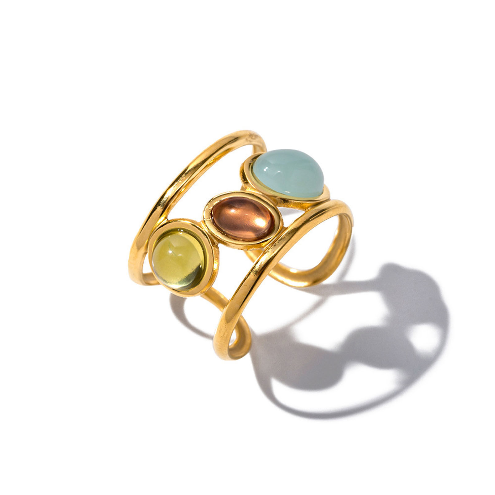 Изображение Экологически чистое вакуумное покрытие Элегантный Стиль Королевского Двора 18K настоящее золото с покрытием 304 Нержавеющая Сталь & Камень Открытый Овальные Круглые Кольца Для женщин Партия 18мм(Американский Размер 7.75), 1 ШТ