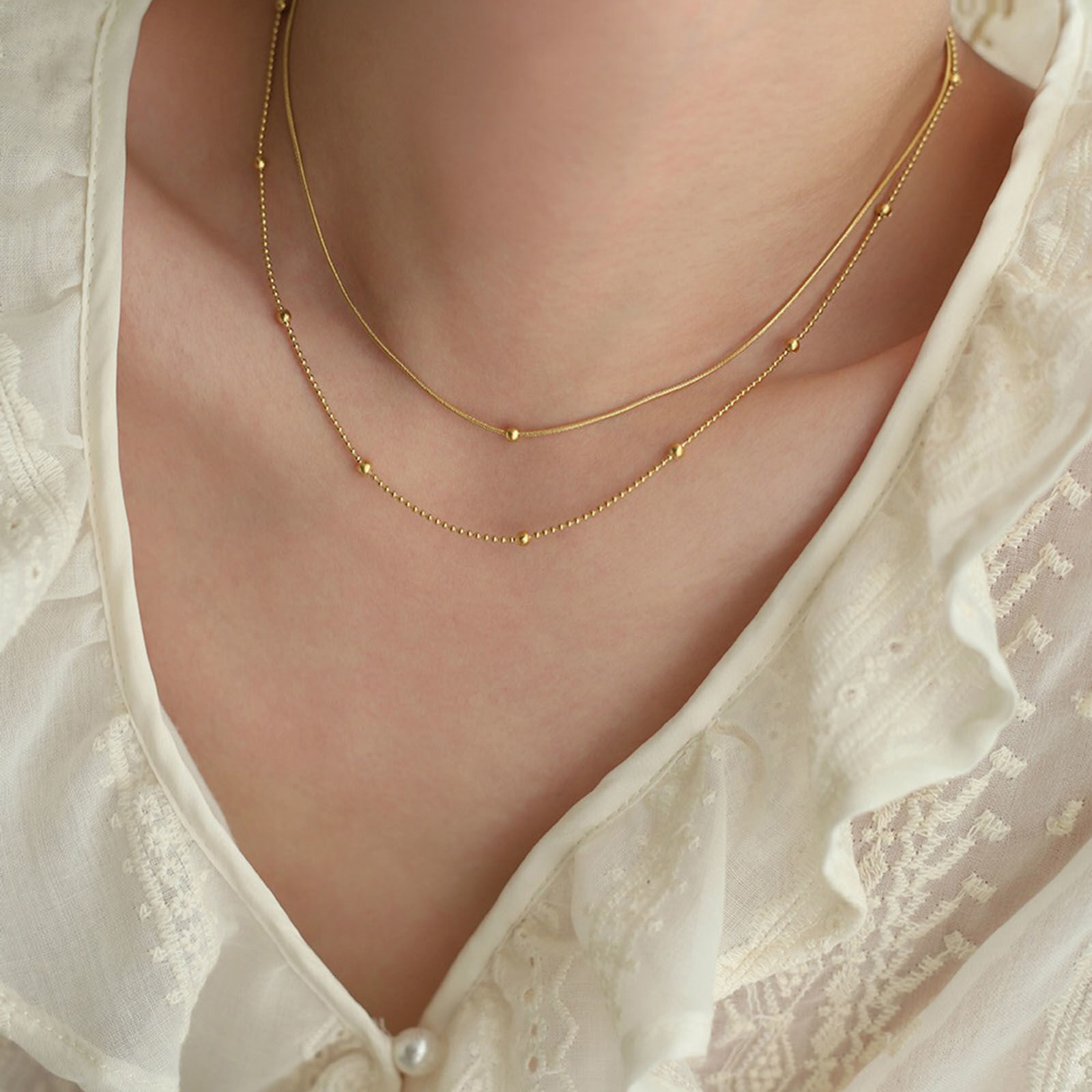 Изображение Экологически чистое вакуумное покрытие Стильный Простой 18K настоящее золото с покрытием 304 Нержавеющая Сталь Цепи из Шариков Многослойное ожерелье унисекс 36см длина, 1 ШТ