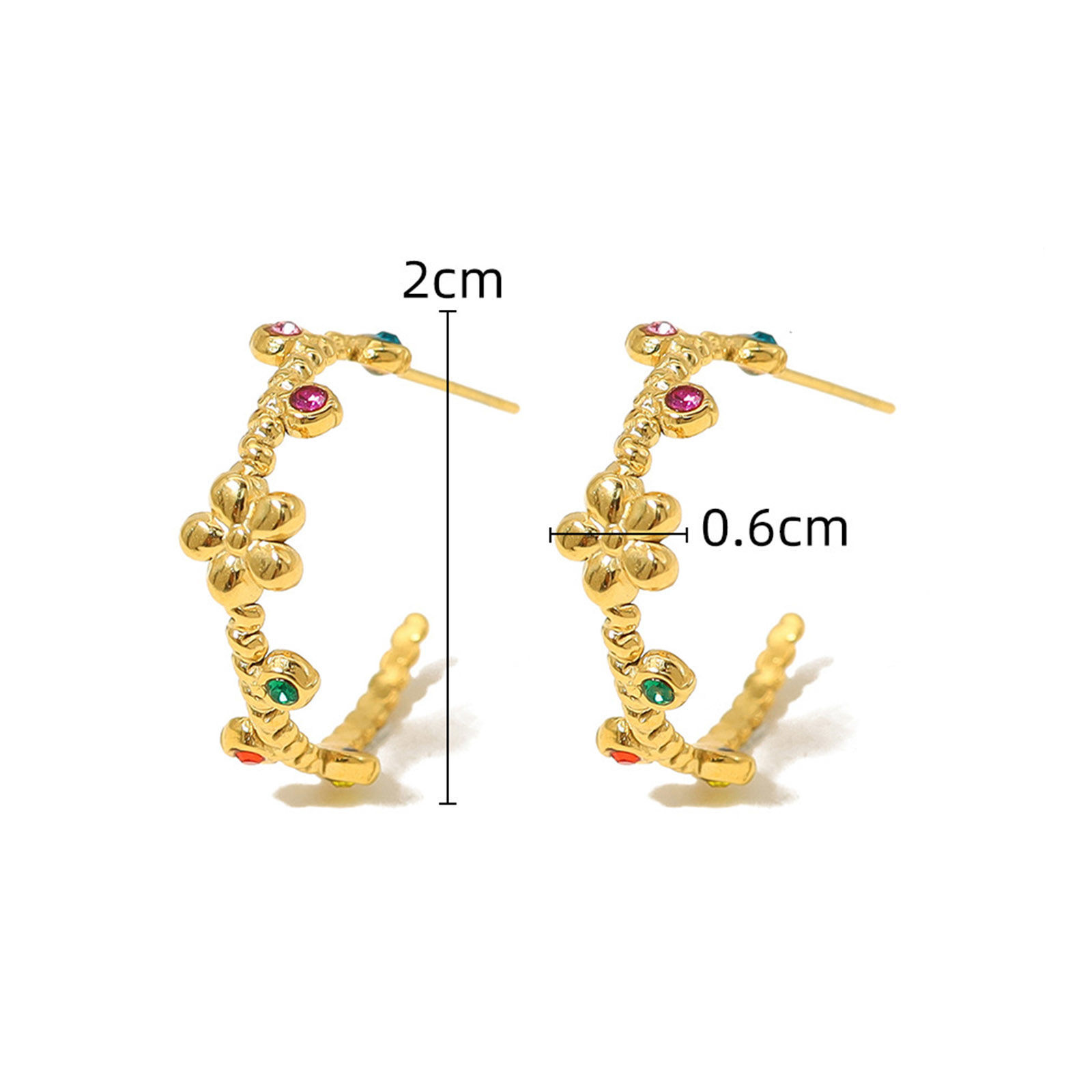 Picture of 1 Pair Eco-friendly Vacuum Plating Sweet & Cute Stylish 18K Real Gold Plated 304 Stainless Steel & Rhinestone C Shape Flower Hoop Earrings For Women Party 2cm