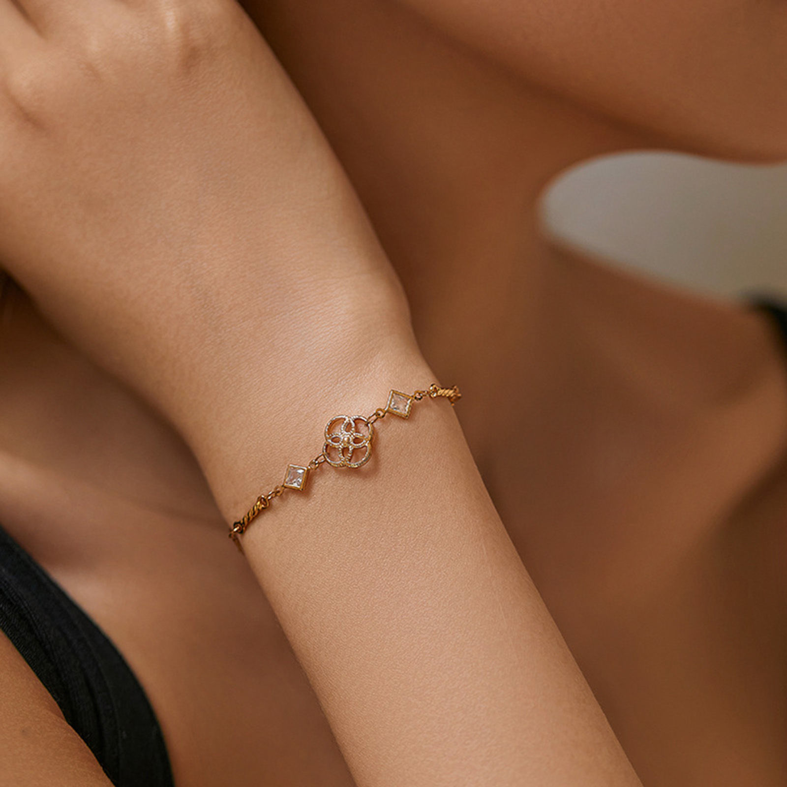 Picture of 1 Piece Eco-friendly Vacuum Plating Sweet & Cute Stylish 18K Real Gold Plated Brass & Rhinestone Flower Rhombus Bracelets For Women Party 16.5cm(6 4/8") long