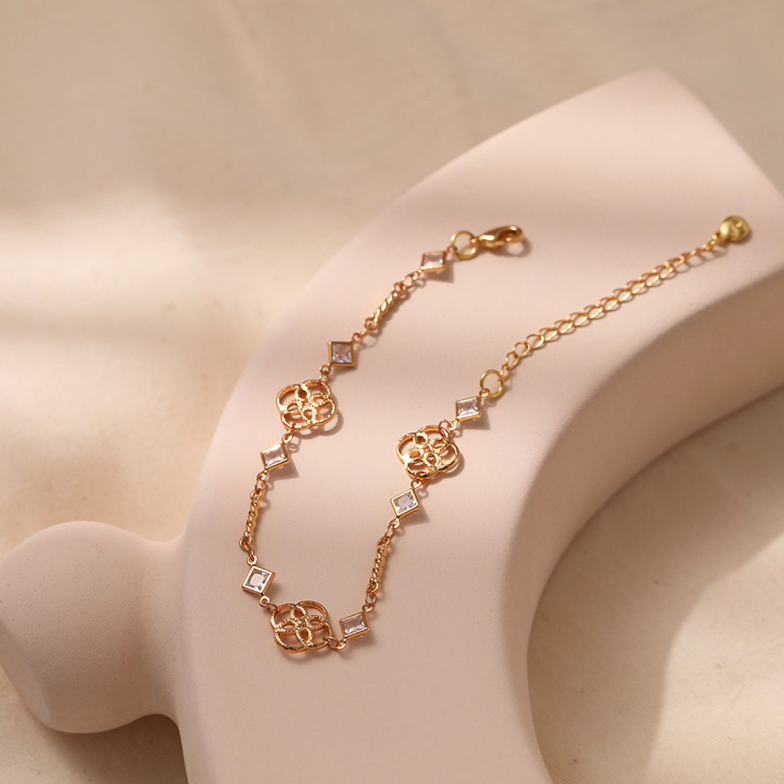 Picture of 1 Piece Eco-friendly Vacuum Plating Sweet & Cute Stylish 18K Real Gold Plated Brass & Rhinestone Flower Rhombus Bracelets For Women Party 16.5cm(6 4/8") long
