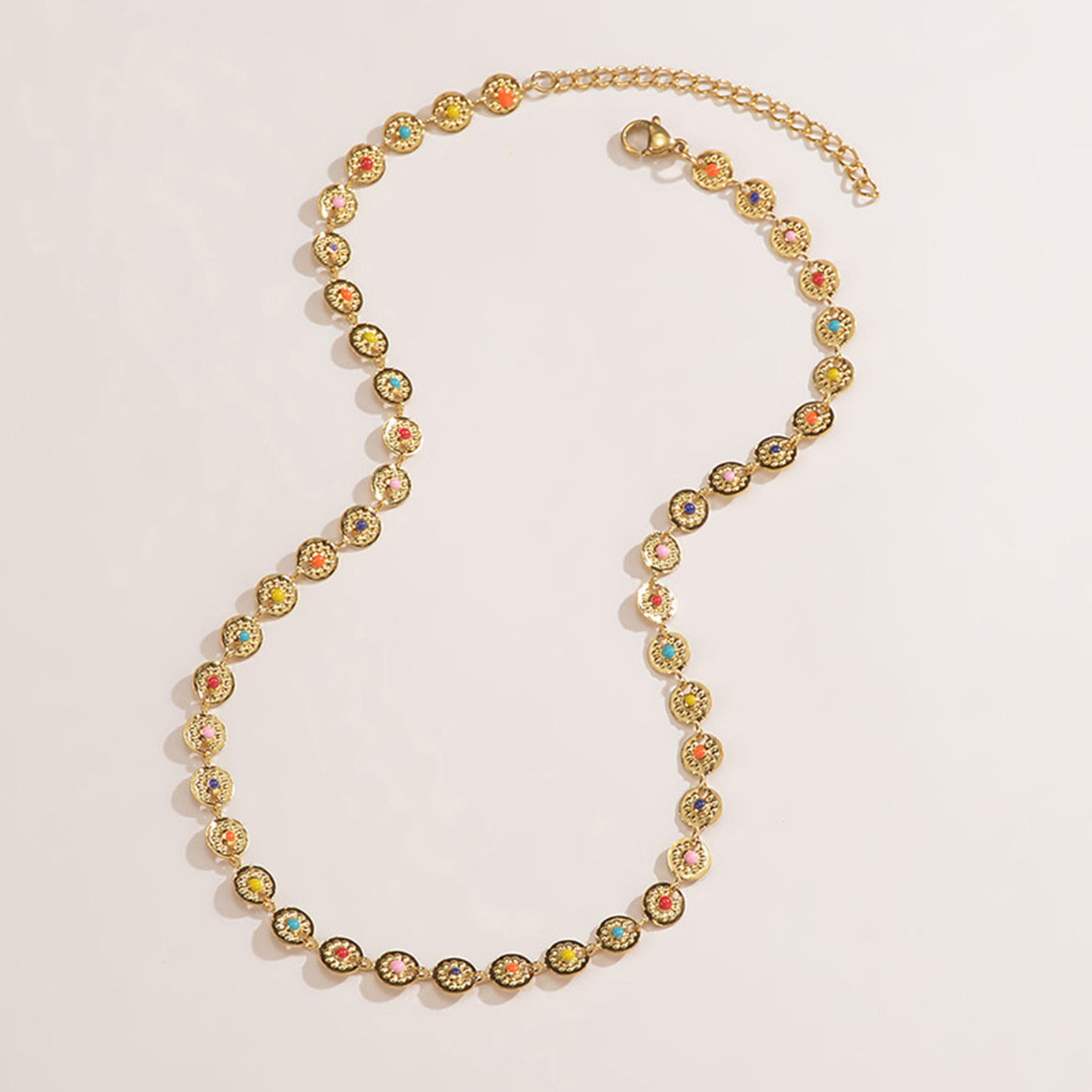 Picture of 1 Piece Vacuum Plating Natural Pastoral Boho Chic Bohemia 18K Gold Plated 304 Stainless Steel Flower Chain Necklace Sun Enamel Choker Necklace For Women Party 35cm(13 6/8") long