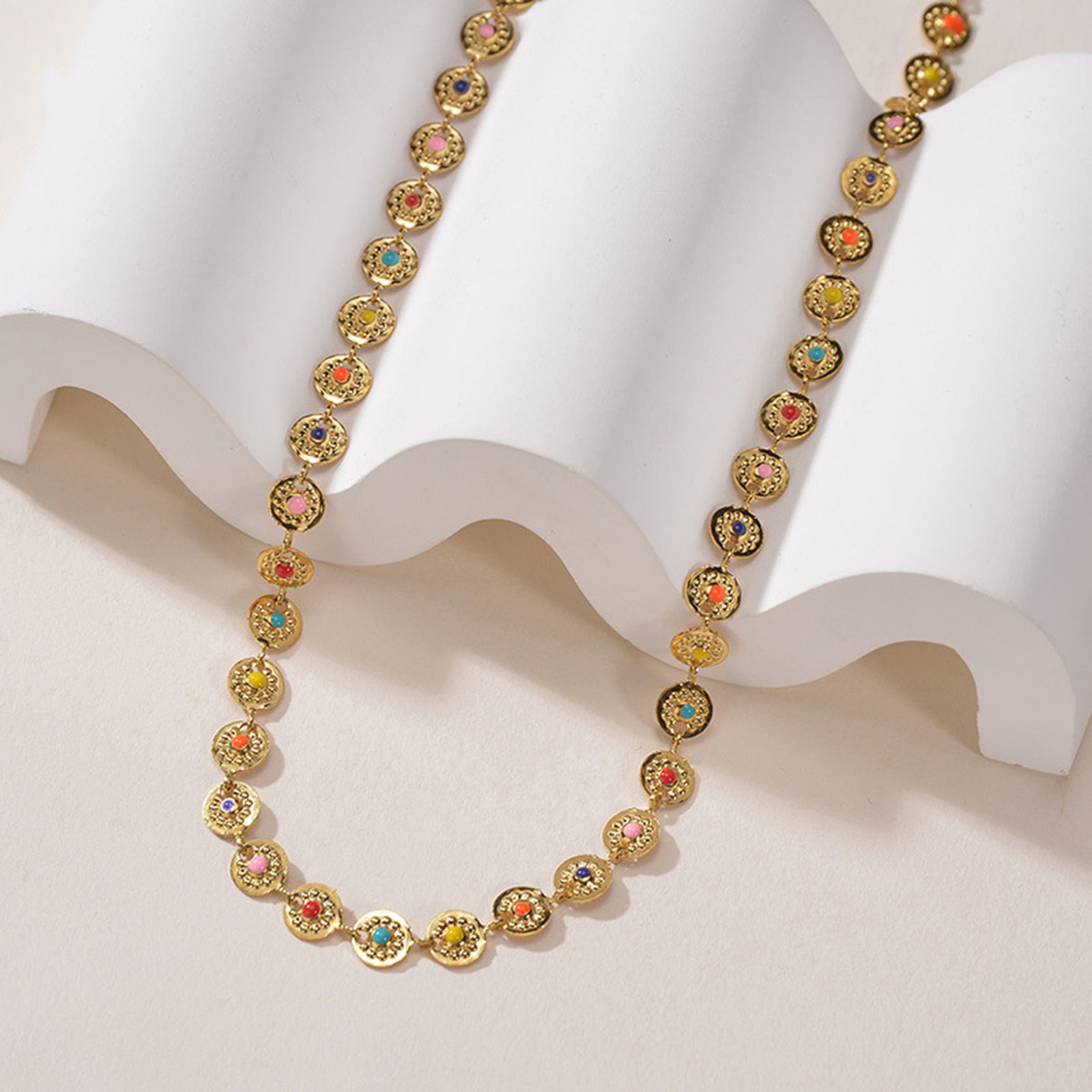 Picture of 1 Piece Vacuum Plating Natural Pastoral Boho Chic Bohemia 18K Gold Plated 304 Stainless Steel Flower Chain Necklace Sun Enamel Choker Necklace For Women Party 35cm(13 6/8") long