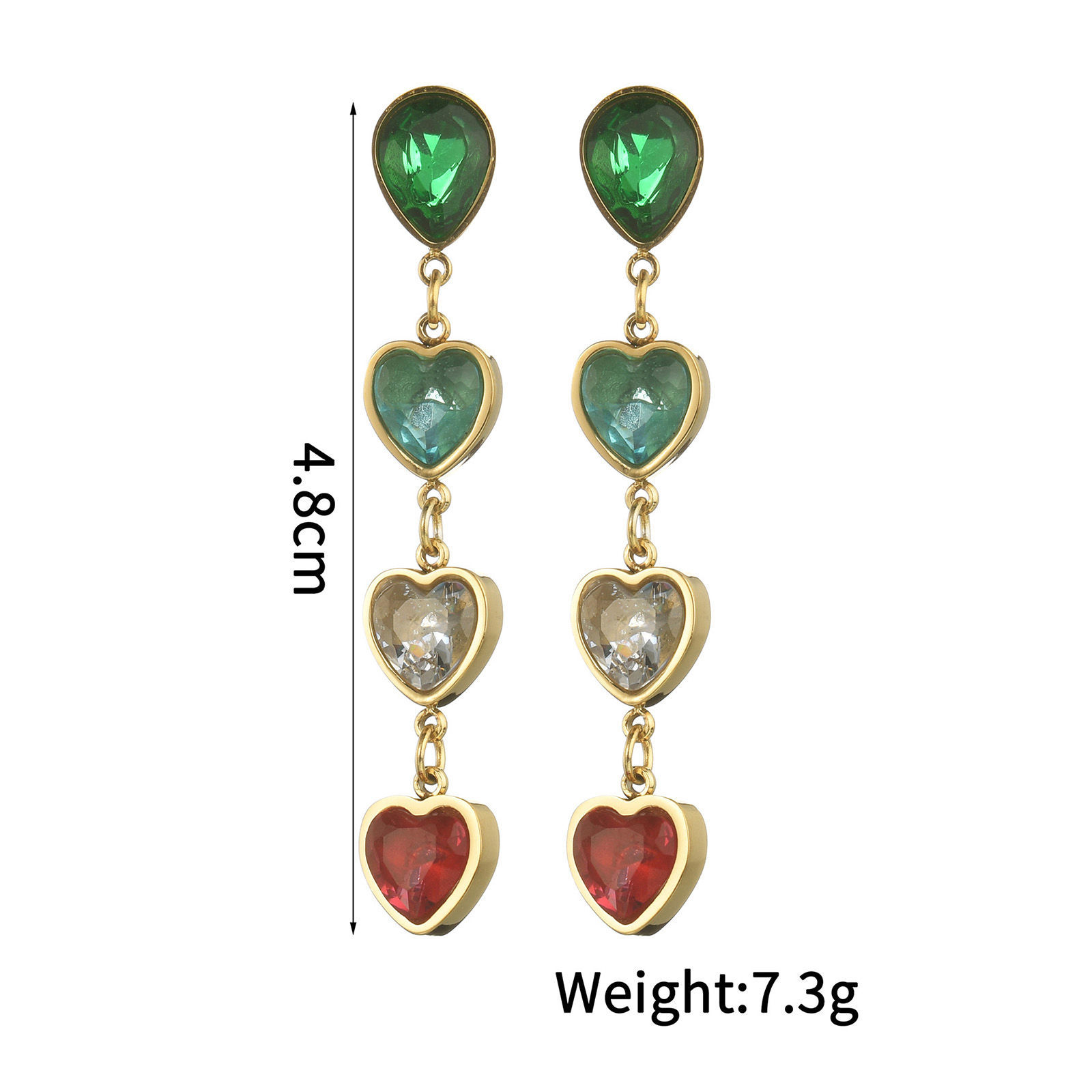 Picture of 1 Pair Vacuum Plating Retro Retro 18K Gold Plated 304 Stainless Steel & Rhinestone Tassel Heart Tassel Earrings For Women Party 4.8cm