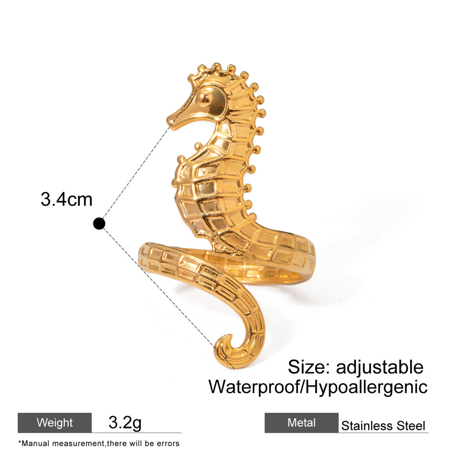 Picture of 1 Piece Eco-friendly Vacuum Plating Stylish Ocean Jewelry 18K Real Gold Plated 304 Stainless Steel Open Seahorse Animal Rings For Women Graduation 17mm(US Size 6.5)