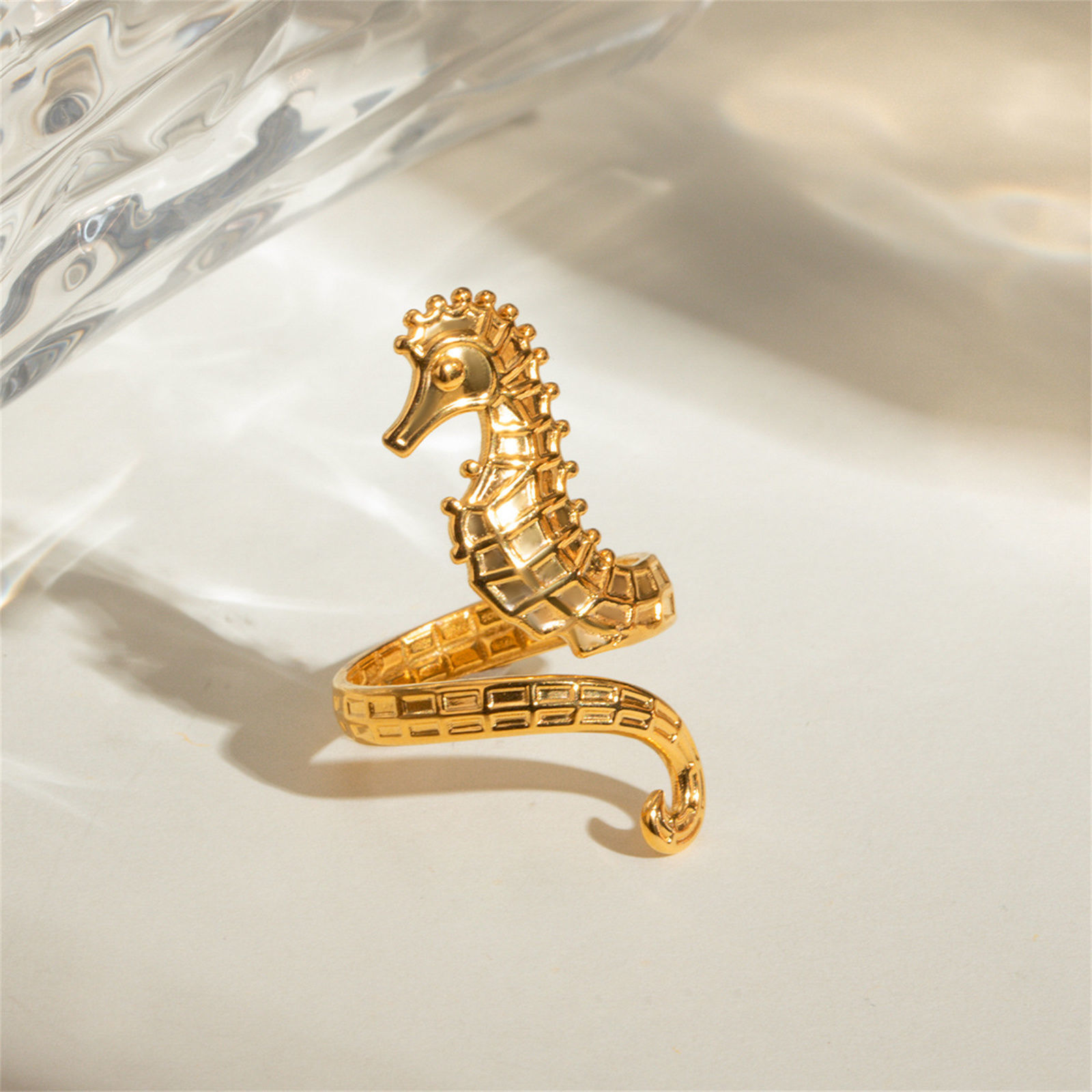 Picture of 1 Piece Eco-friendly Vacuum Plating Stylish Ocean Jewelry 18K Real Gold Plated 304 Stainless Steel Open Seahorse Animal Rings For Women Graduation 17mm(US Size 6.5)