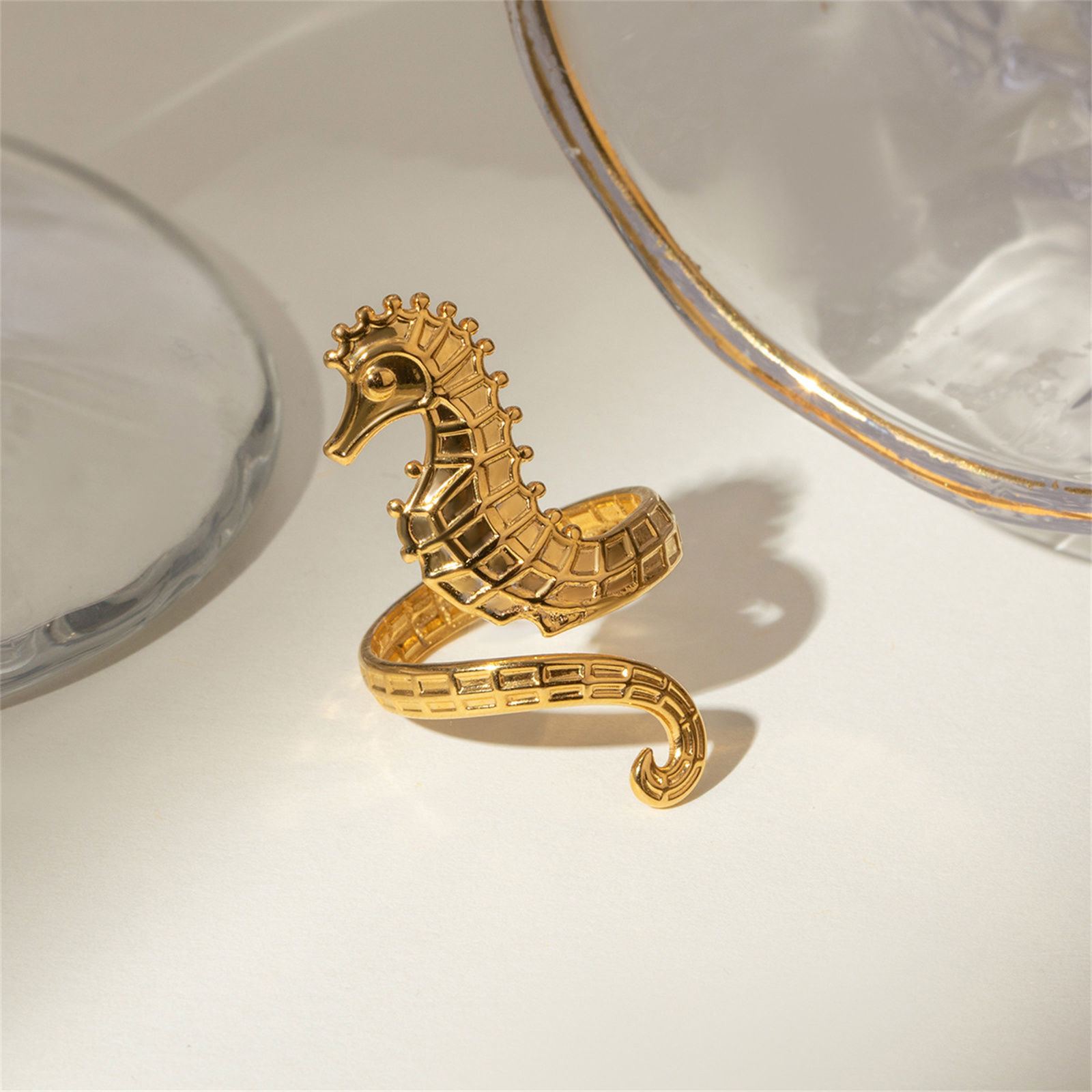 Picture of 1 Piece Eco-friendly Vacuum Plating Stylish Ocean Jewelry 18K Real Gold Plated 304 Stainless Steel Open Seahorse Animal Rings For Women Graduation 17mm(US Size 6.5)
