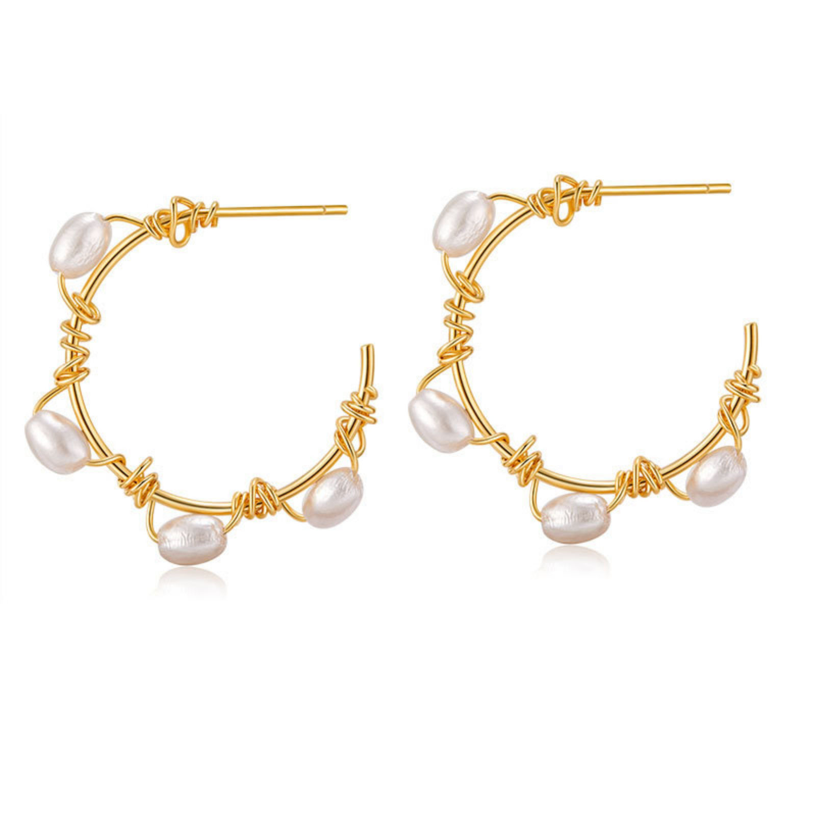 Picture of 1 Pair Eco-friendly Ins Style 18K Real Gold Plated Brass C Shaped Imitation Pearl Hoop Earrings For Women 3.3cm