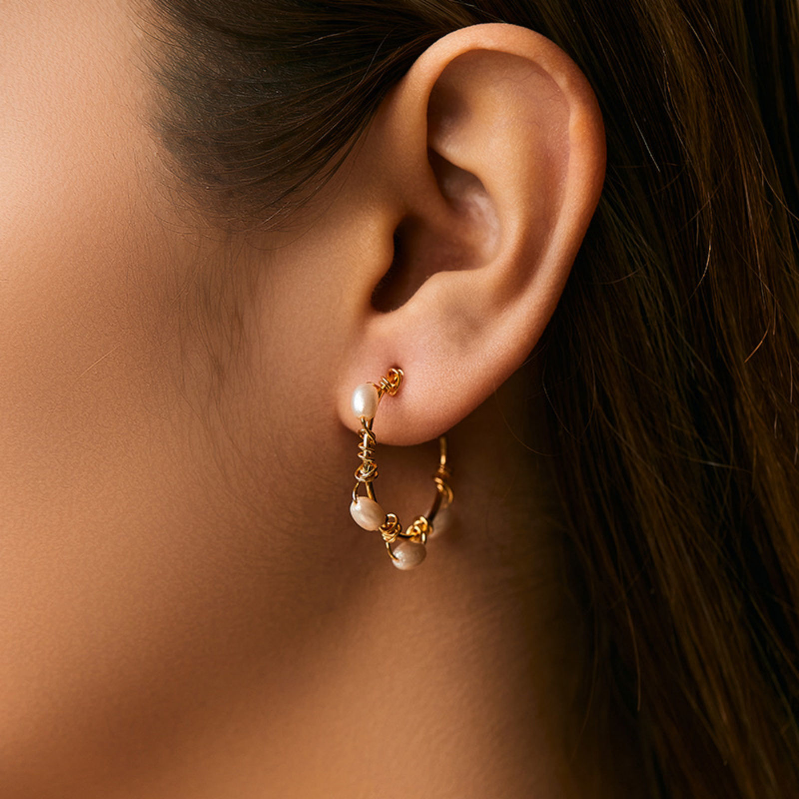 Picture of 1 Pair Eco-friendly Ins Style 18K Real Gold Plated Brass C Shaped Imitation Pearl Hoop Earrings For Women 3.3cm