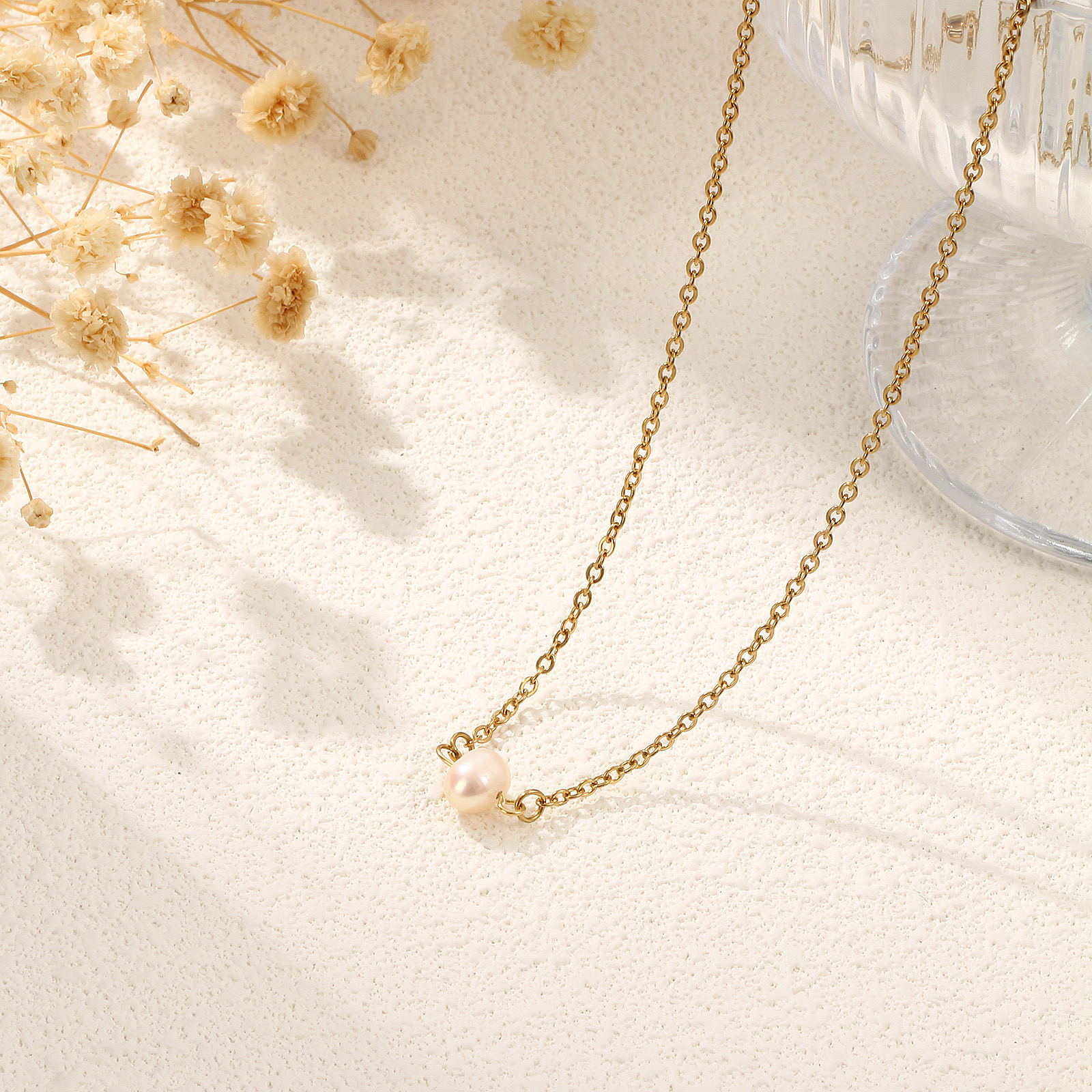 Picture of 1 Piece Eco-friendly PVD Vacuum Plating Dainty Stylish Gold Plated Peachy Beige 304 Stainless Steel & Natural Pearl Link Cable Chain Baroque Pendant Charm Necklace For Women Gift 47cm(18.5") + 5cm(2") long