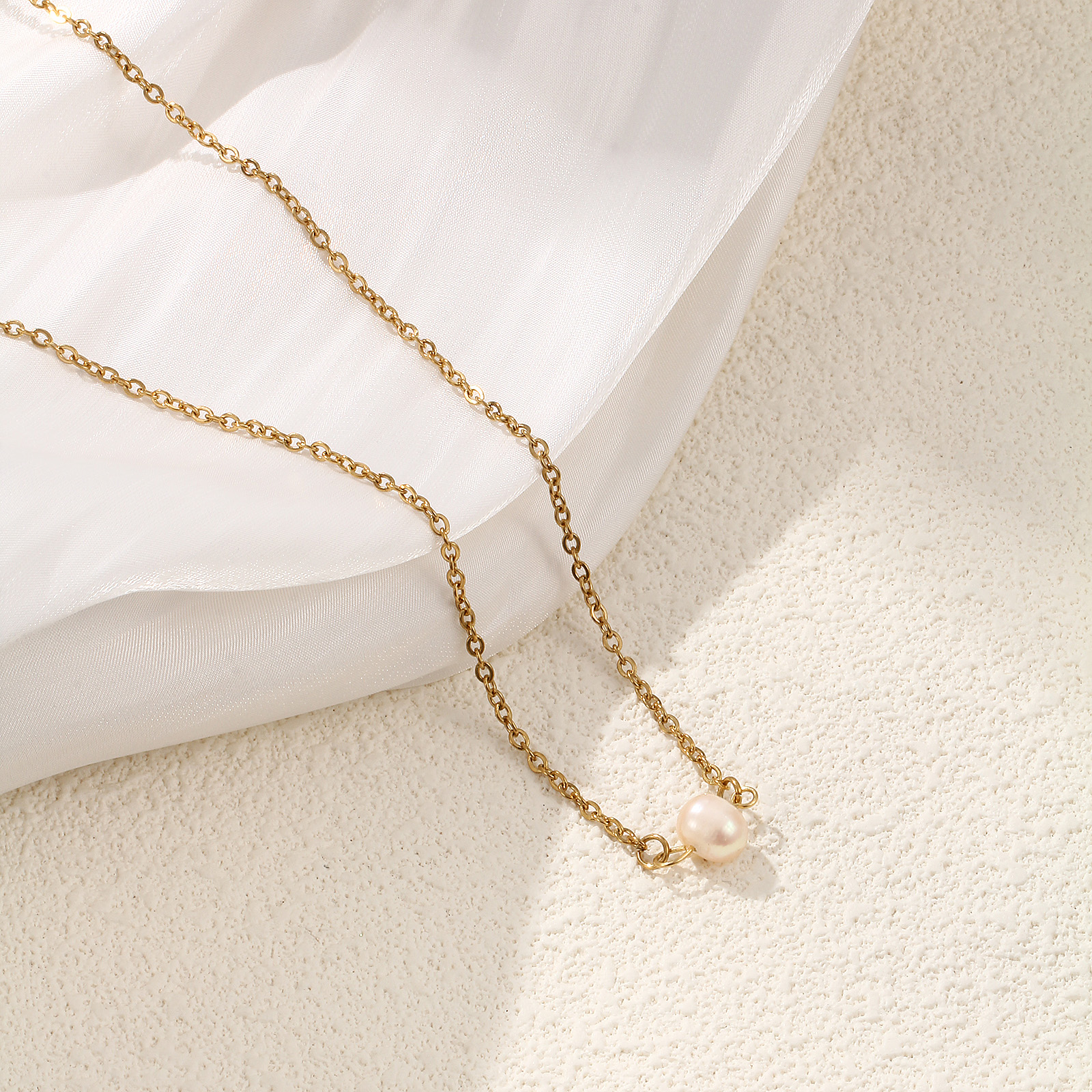 Picture of 1 Piece Eco-friendly PVD Vacuum Plating Dainty Stylish Gold Plated Peachy Beige 304 Stainless Steel & Natural Pearl Link Cable Chain Baroque Pendant Charm Necklace For Women Gift 47cm(18.5") + 5cm(2") long